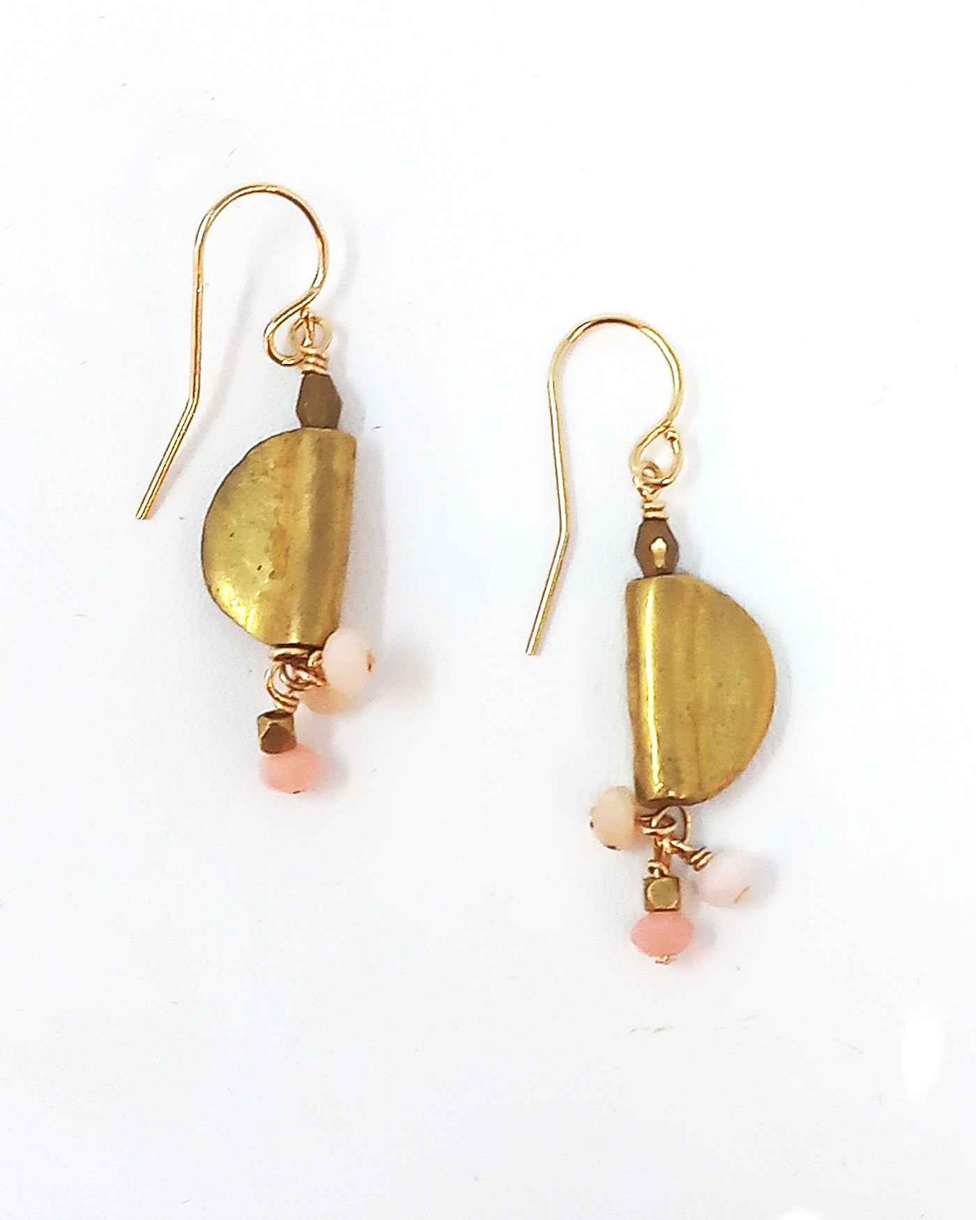 E137 Faceted Pink Opal & Brass Half Moon Earrings