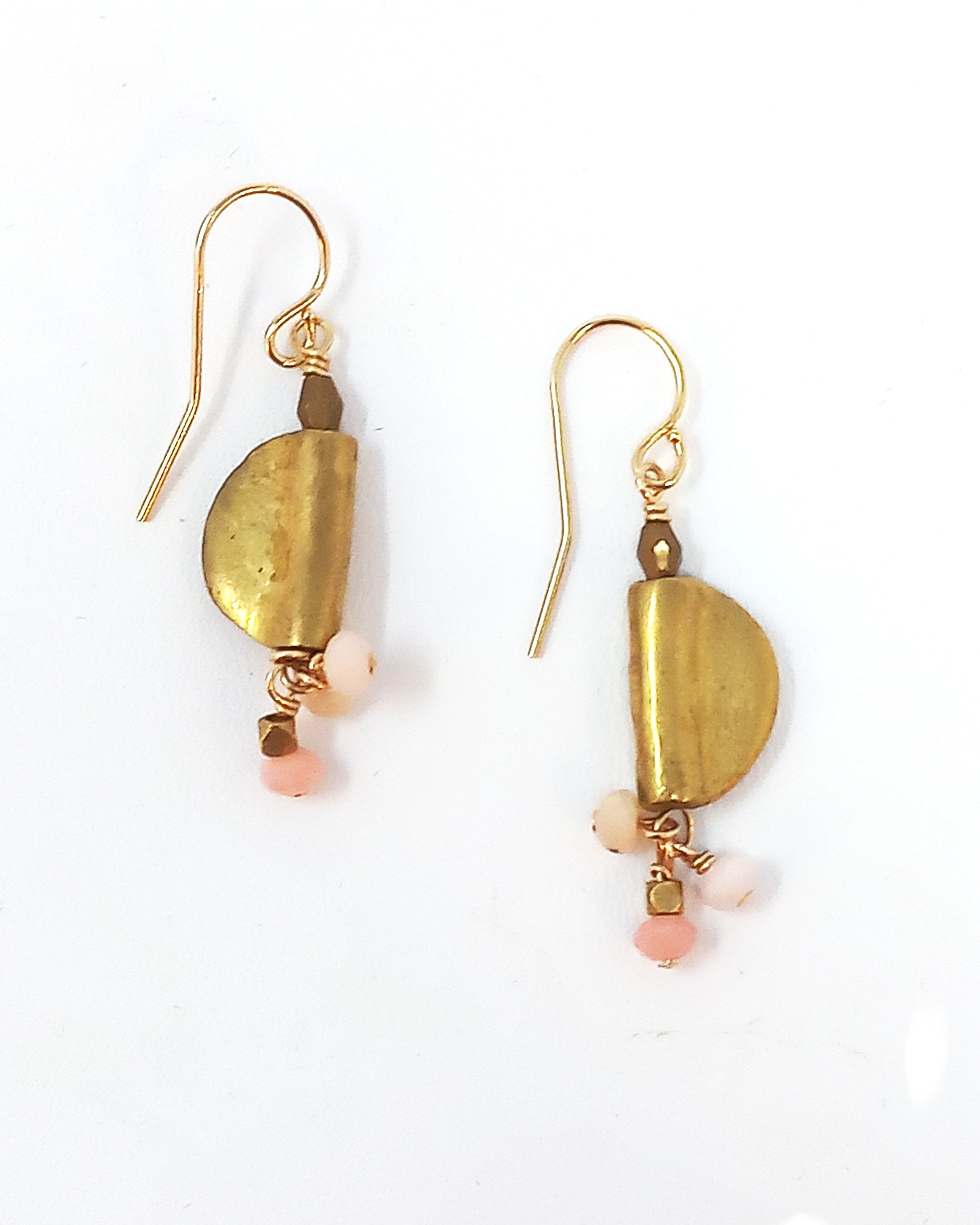 E137 Faceted Pink Opal & Brass Half Moon Earrings
