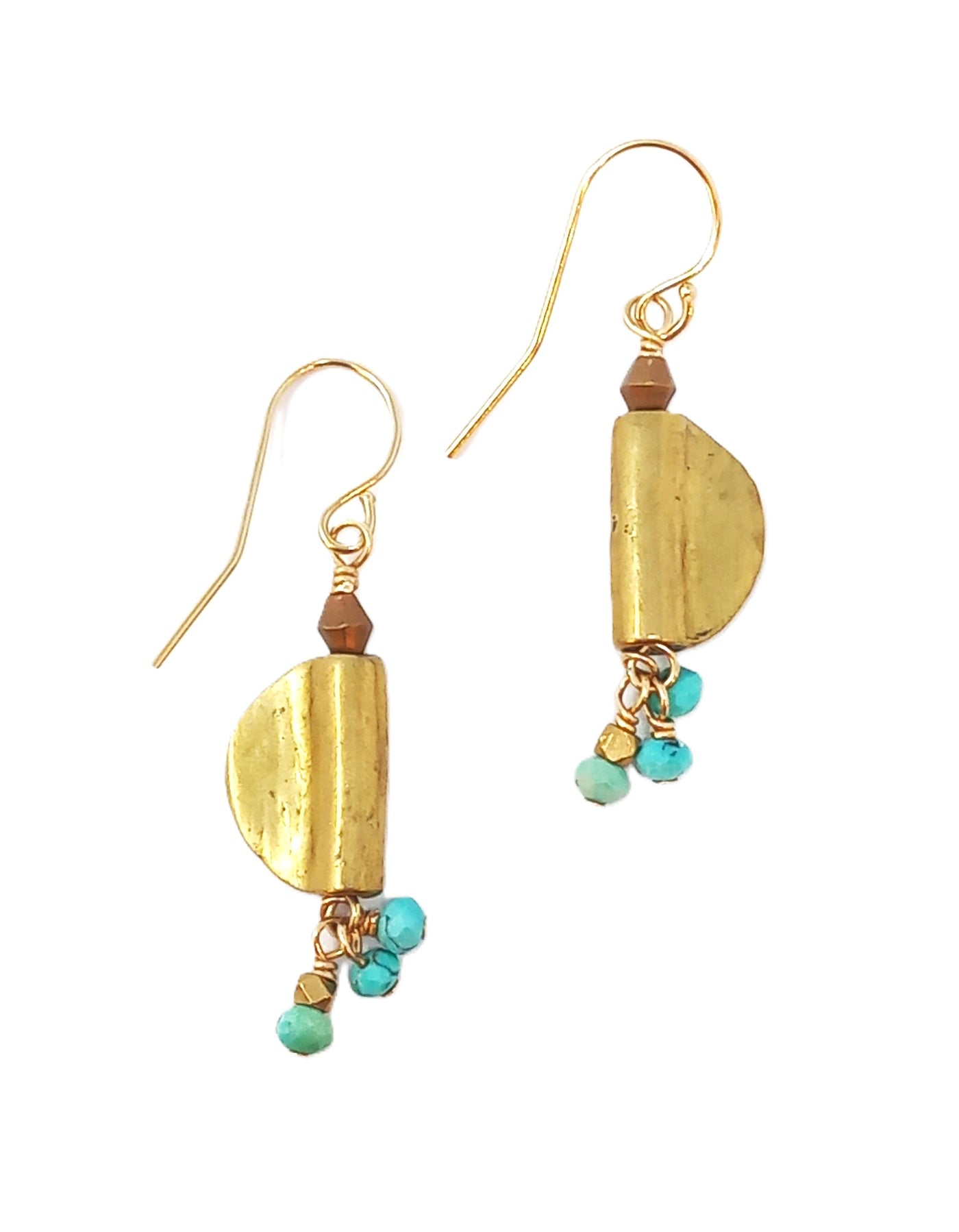 E138 Faceted Turquoise & Brass Half Moon Earrings