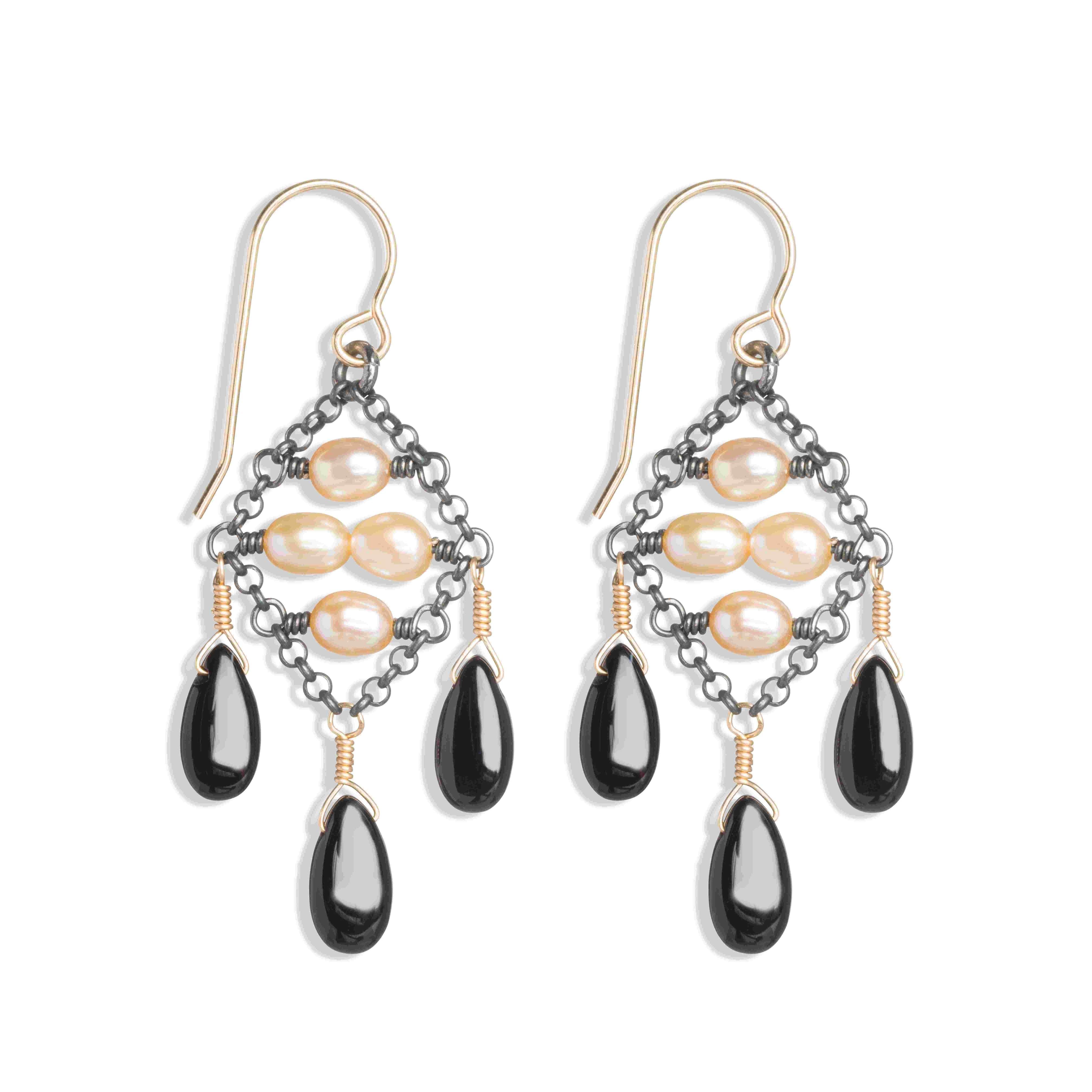 E340 Black Onyx and Pearl Tapestry Earrings by Silvana Segulja