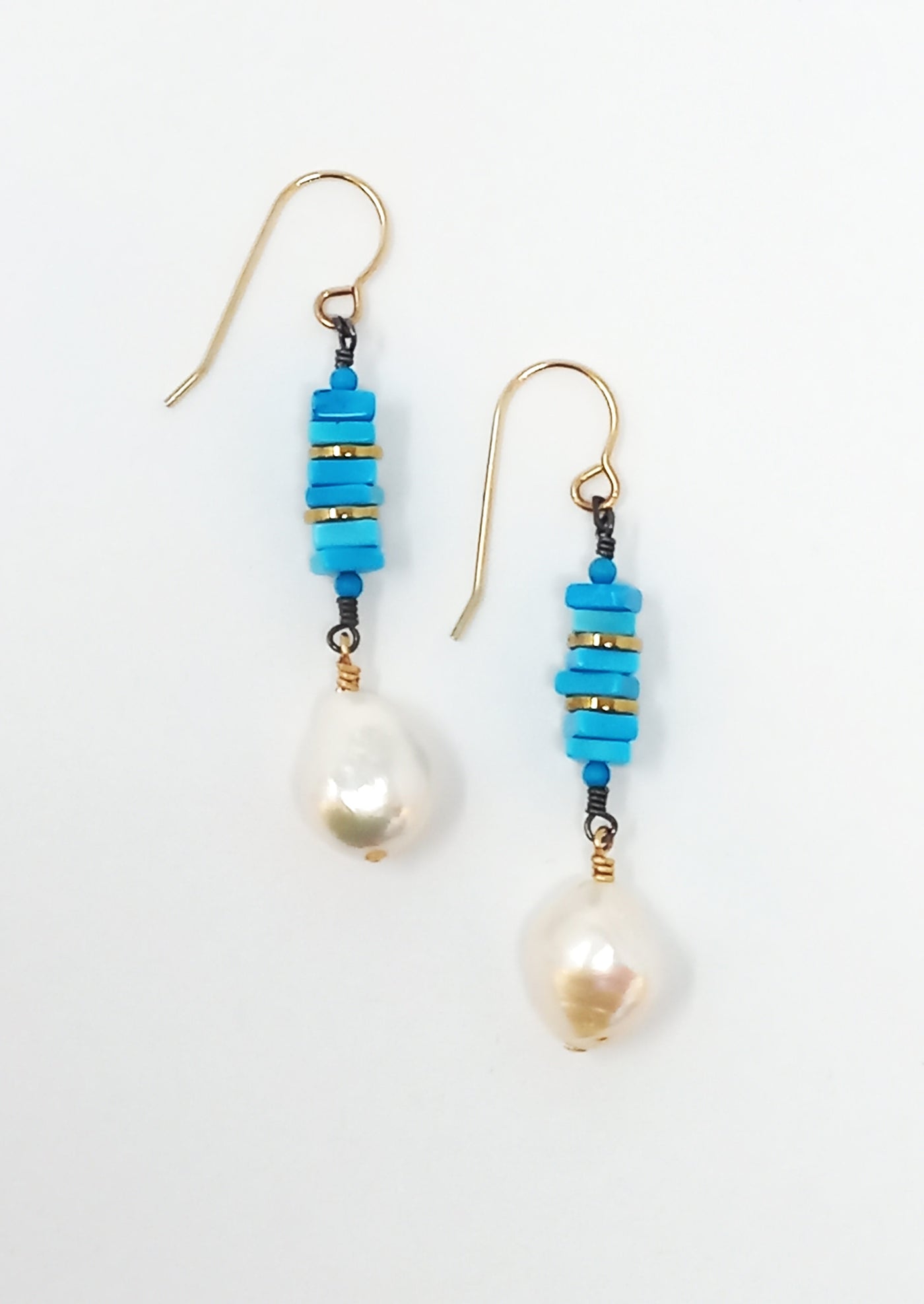 E372 Stacked Turquoise and Freshwater Pearl Drop Earrings by Silvana Segulja