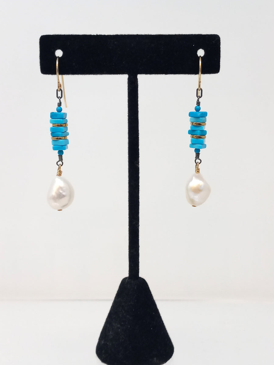 E372 Stacked Turquoise and Freshwater Pearl Drop Earrings by Silvana Segulja