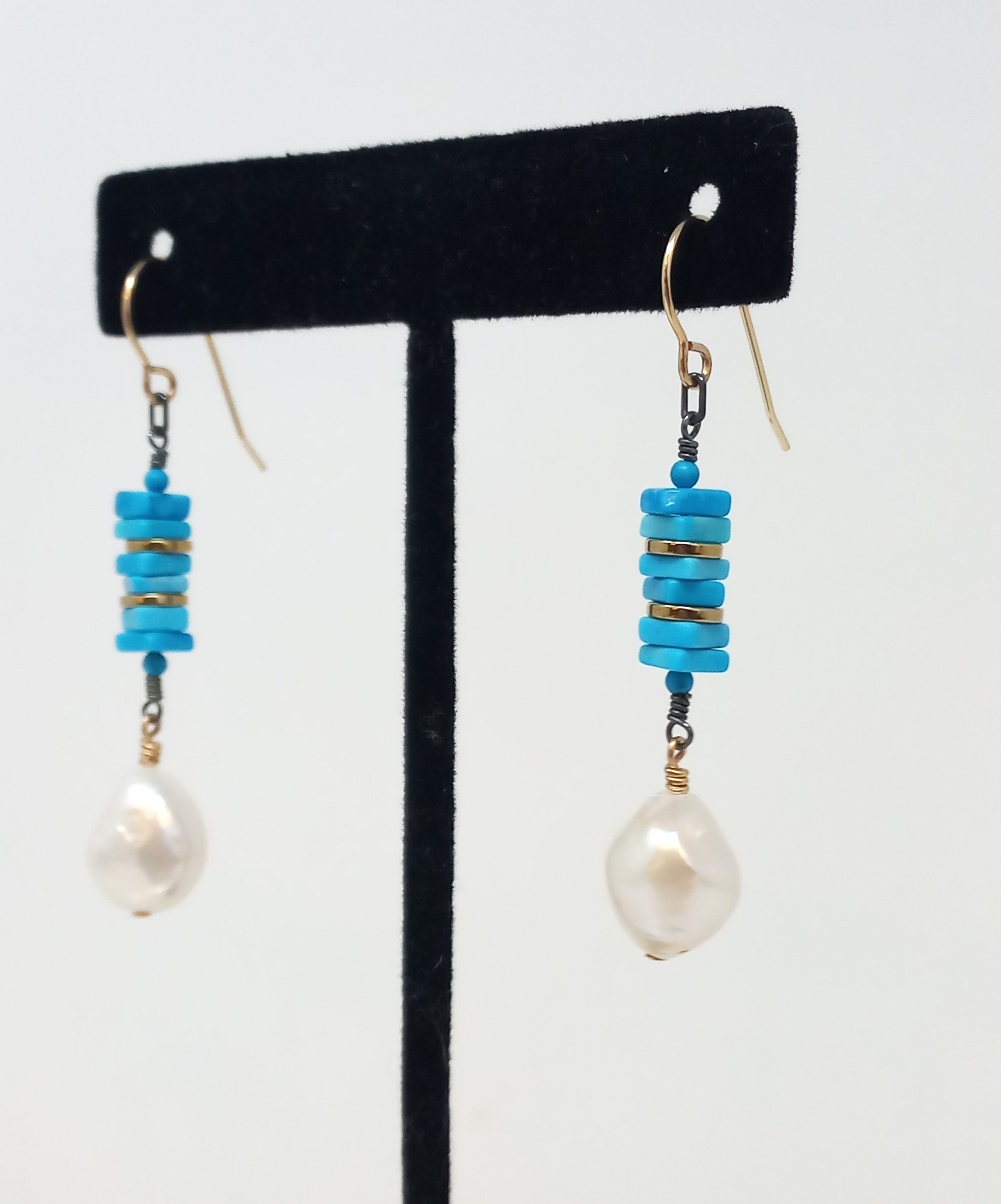 E372 Stacked Turquoise and Freshwater Pearl Drop Earrings by Silvana Segulja