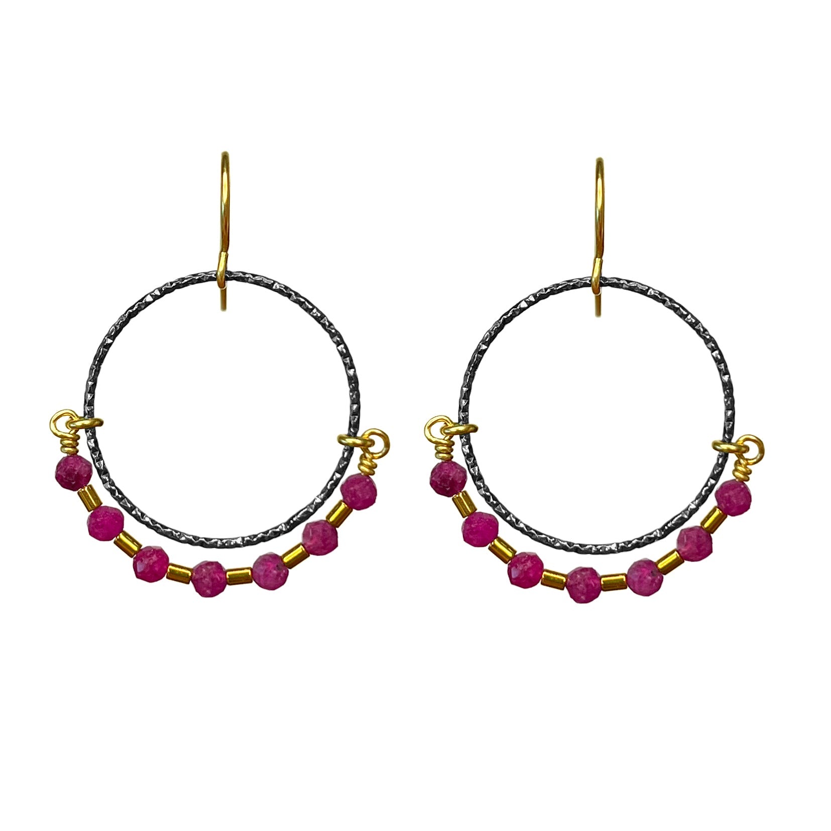 E531 Silver Hoops with Rubies Earrings