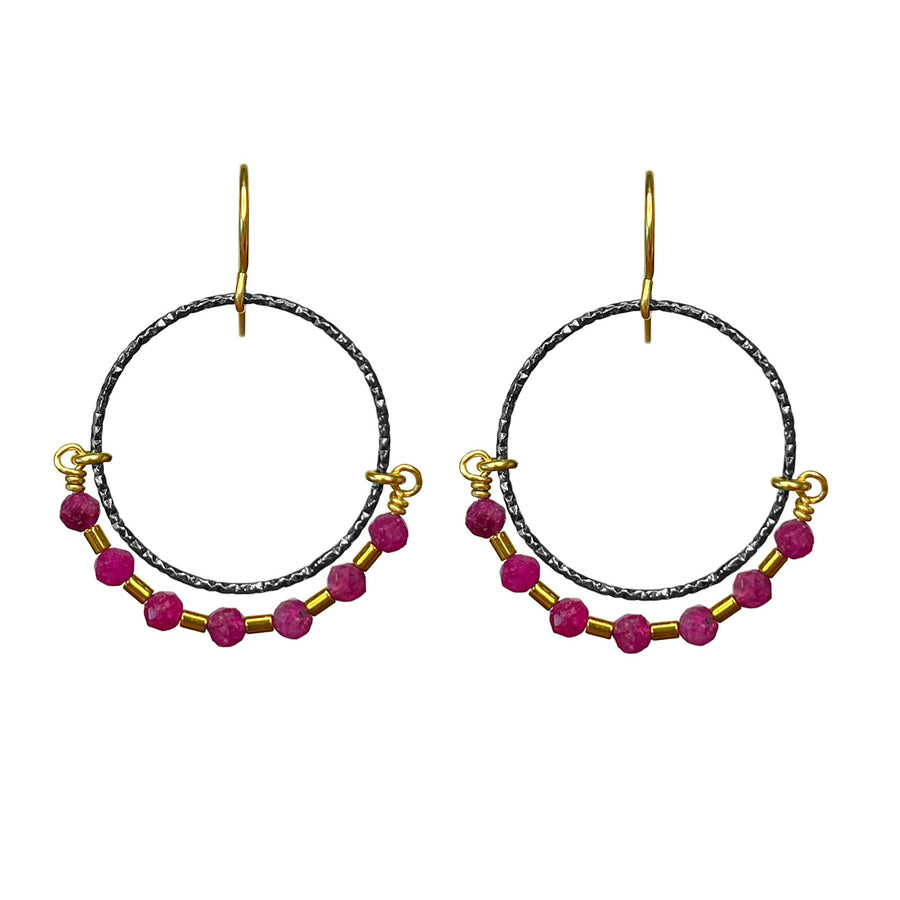 E531 Silver Hoops with Rubies Earrings