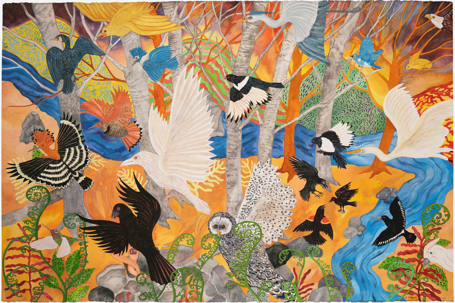 Birds Take Flight into Twilight Print by Linda Okazaki