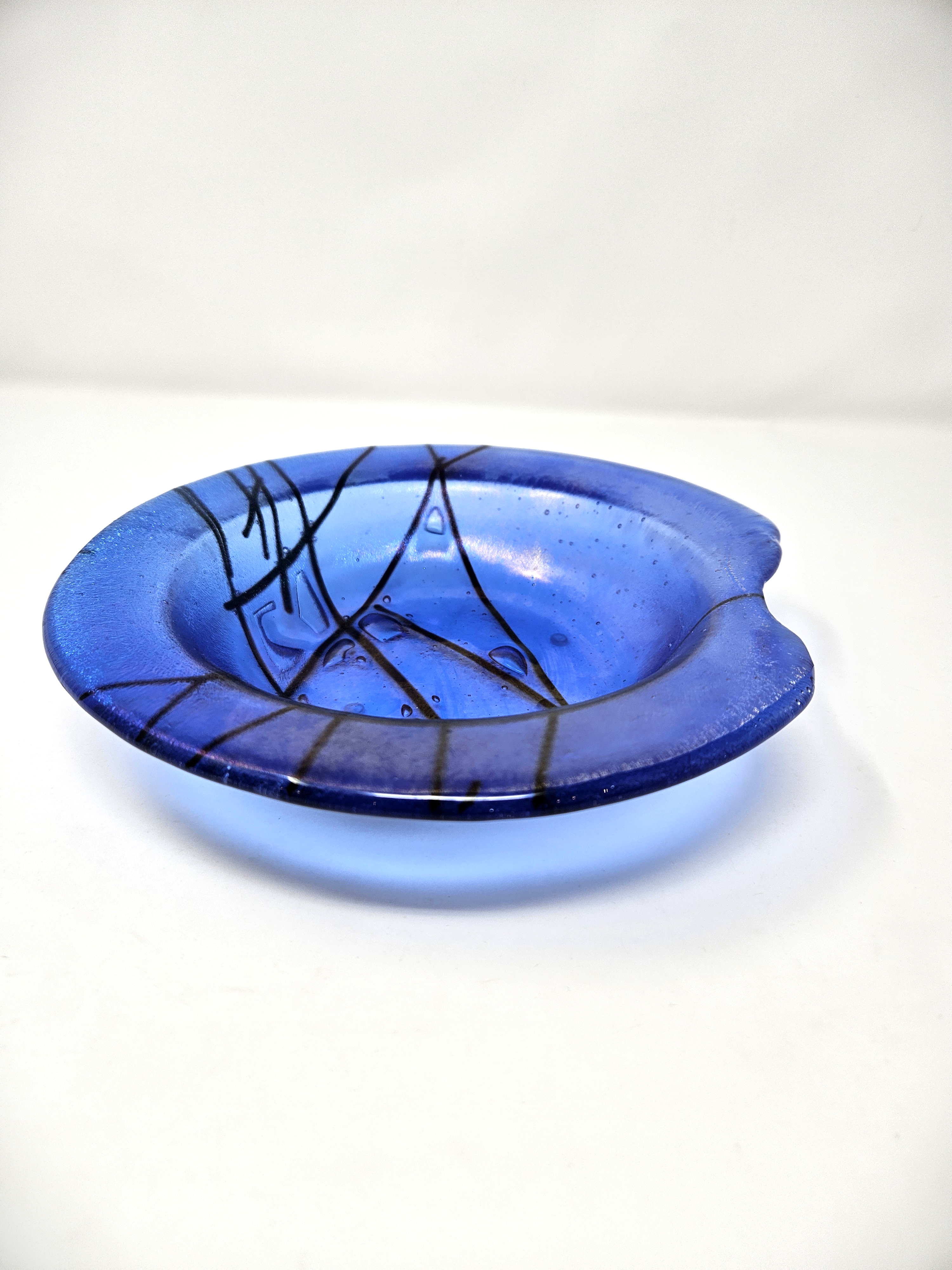 #159 Light Blue Iridescent Fused Soup Bowl by Mesolini Glass Studio