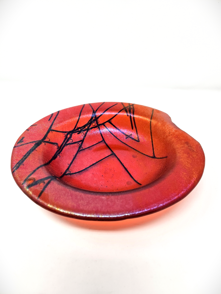 #160 Orange Iridescent Fused Soup Bowl by Mesolini Glass Studio