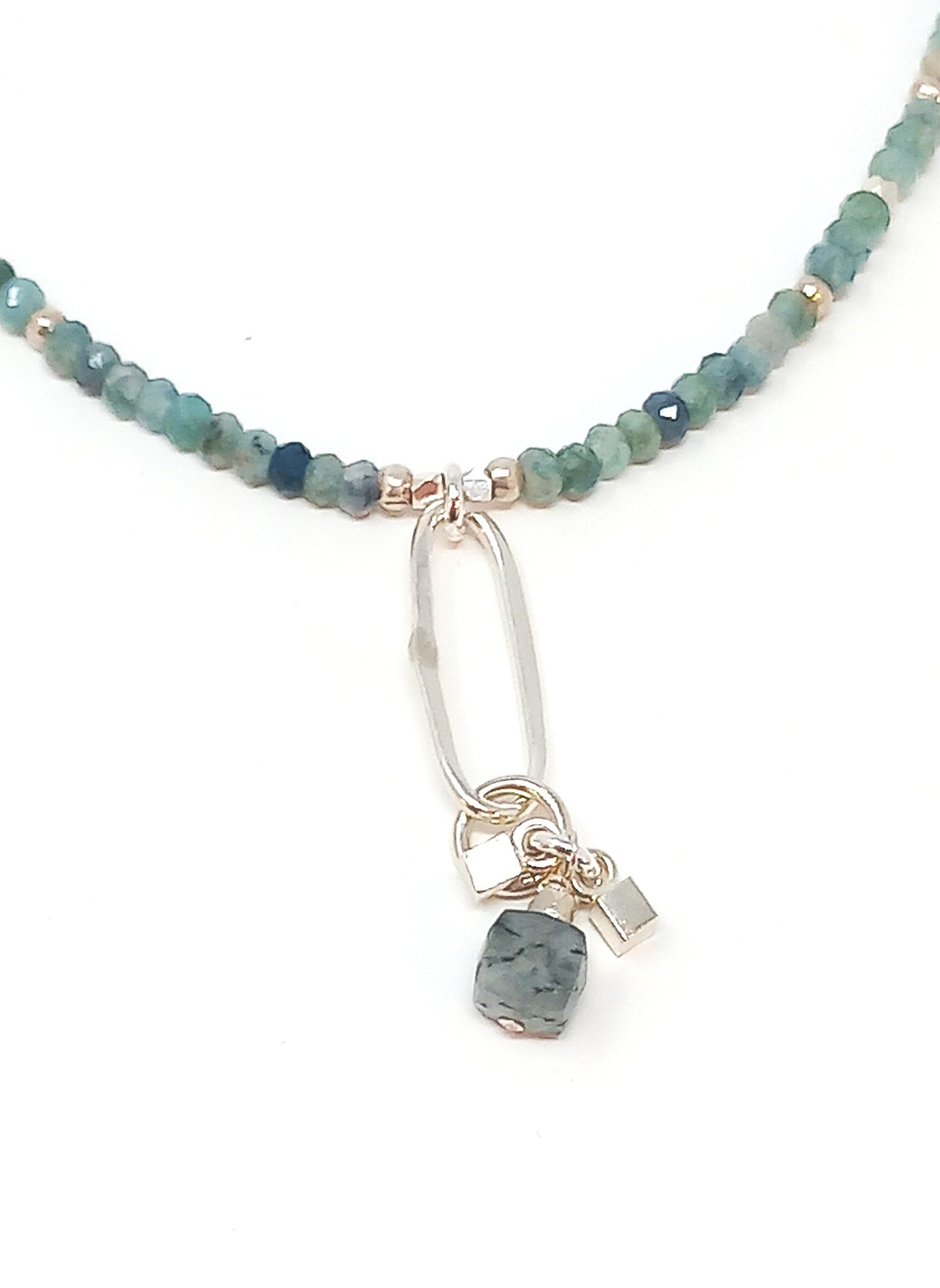 N206 Blue Tourmaline and Black Quartz Necklace