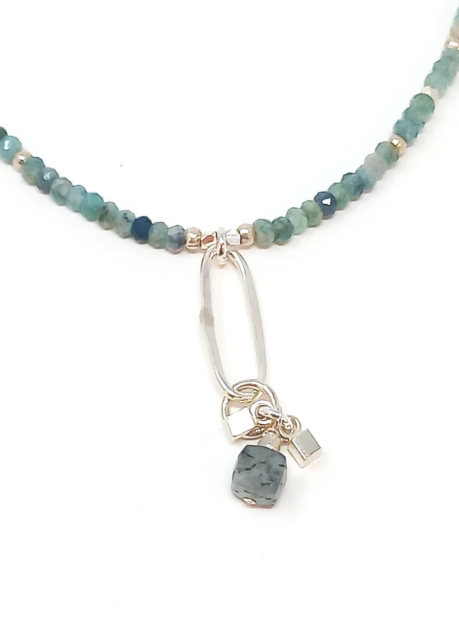 N206 Blue Tourmaline and Black Quartz Necklace
