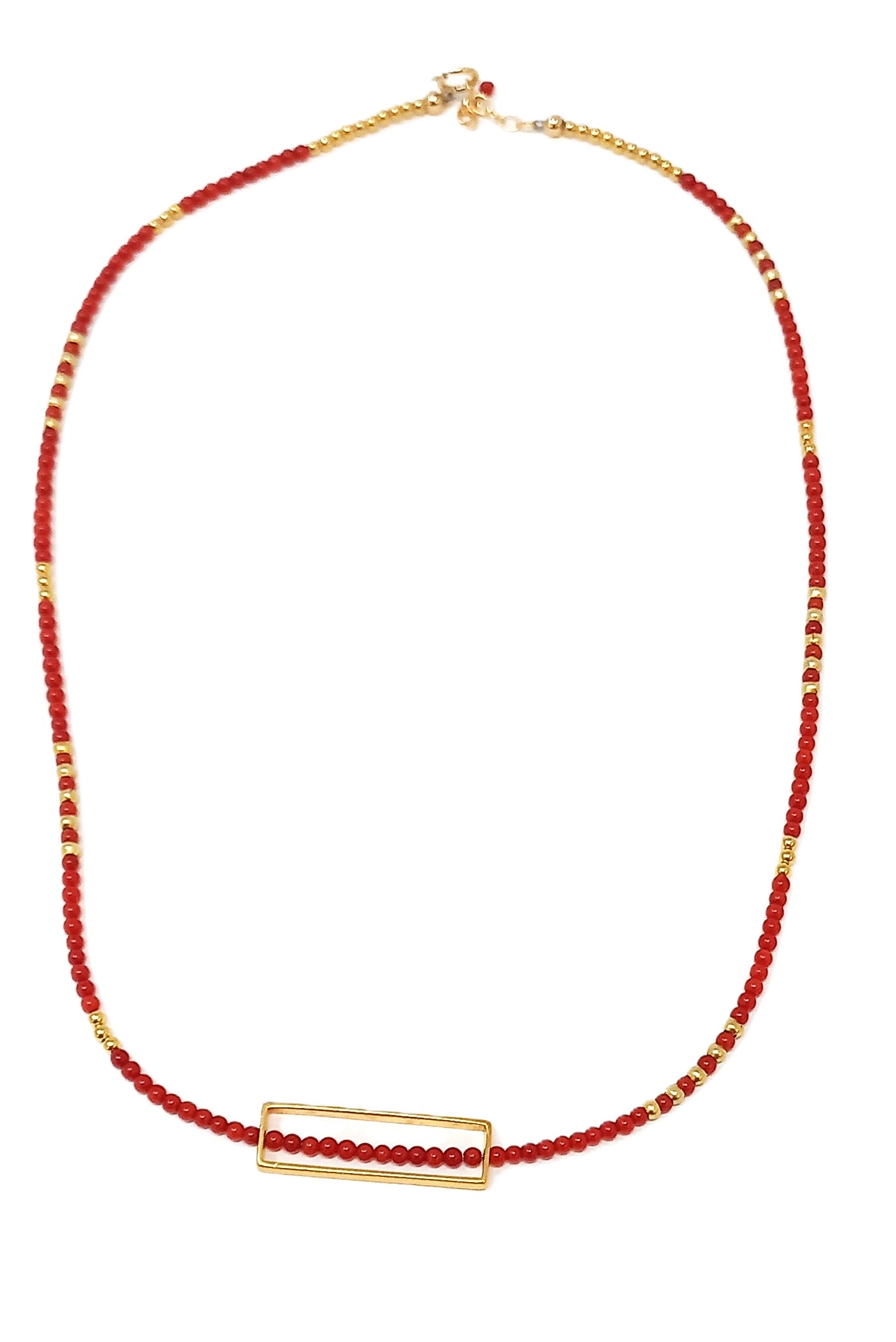 N222 Red Coral & Vermeil Rectangle Frame Necklace