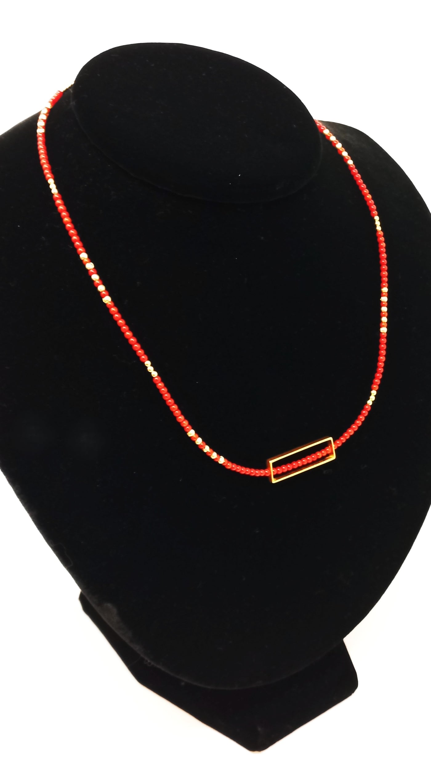 N222 Red Coral & Vermeil Rectangle Frame Necklace