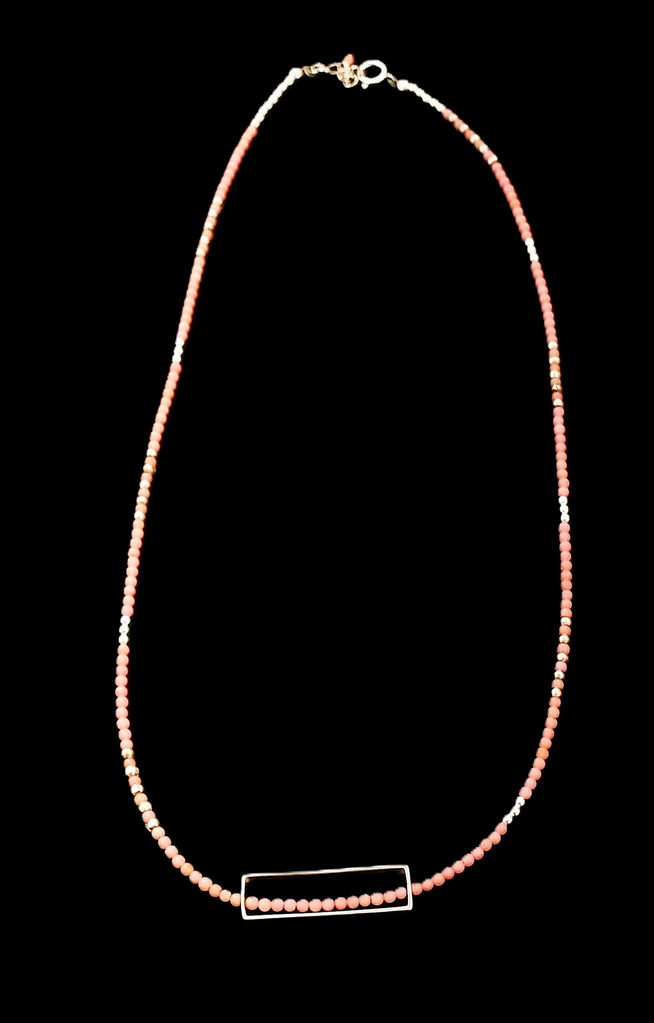 N223 Pink Coral & Sterling Silver Rectangle Frame Necklace