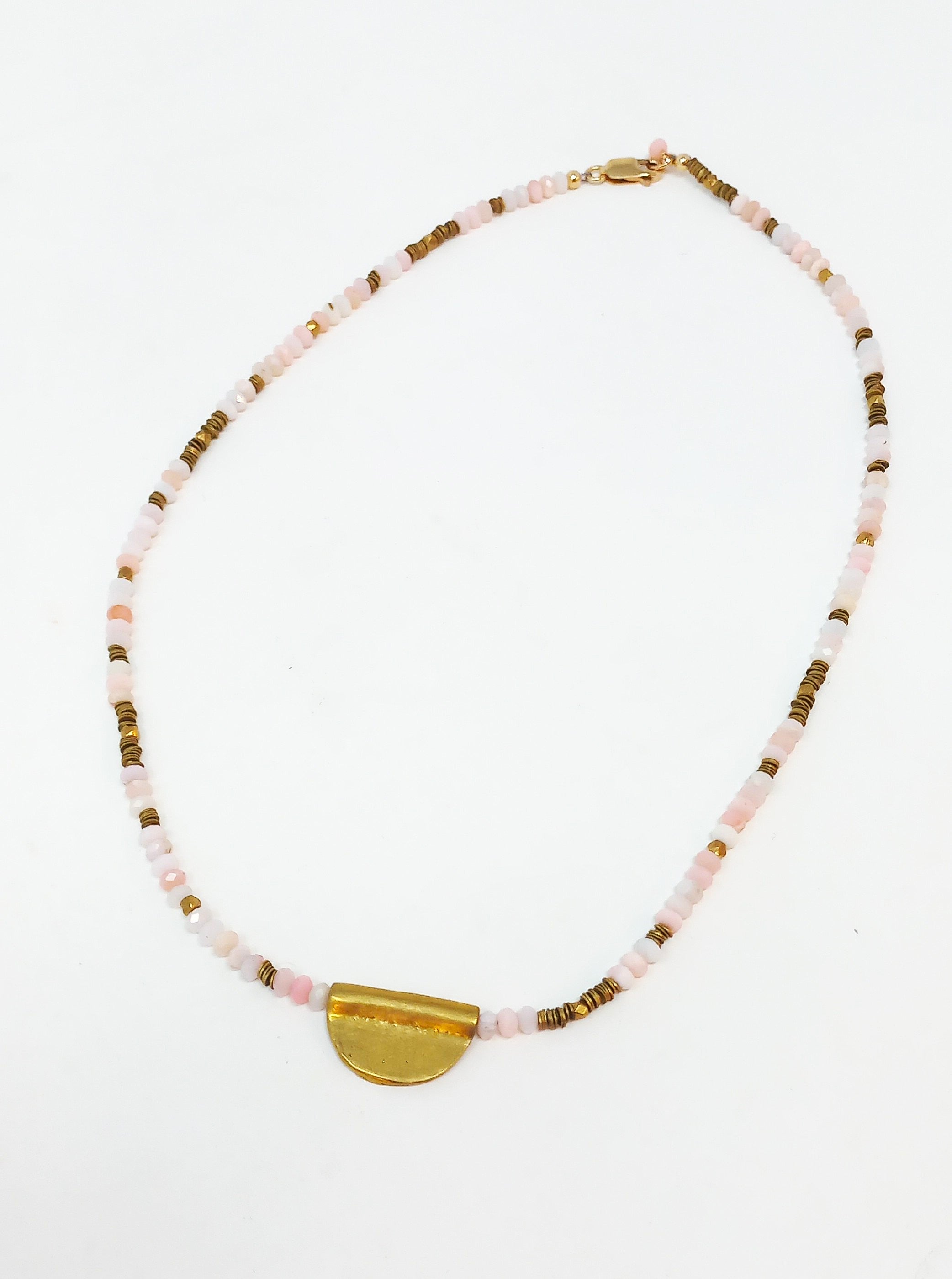 N226 Faceted Pink Opal & Brass Half Moon Pendant Necklace
