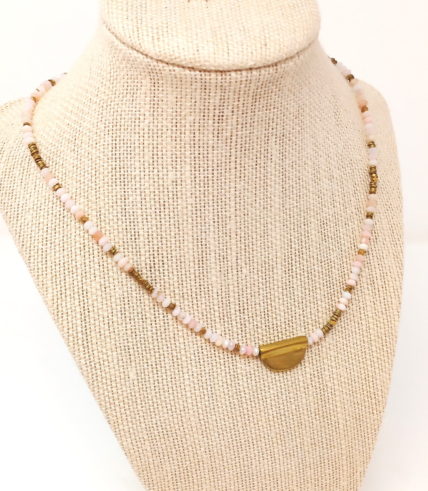 N226 Faceted Pink Opal & Brass Half Moon Pendant Necklace