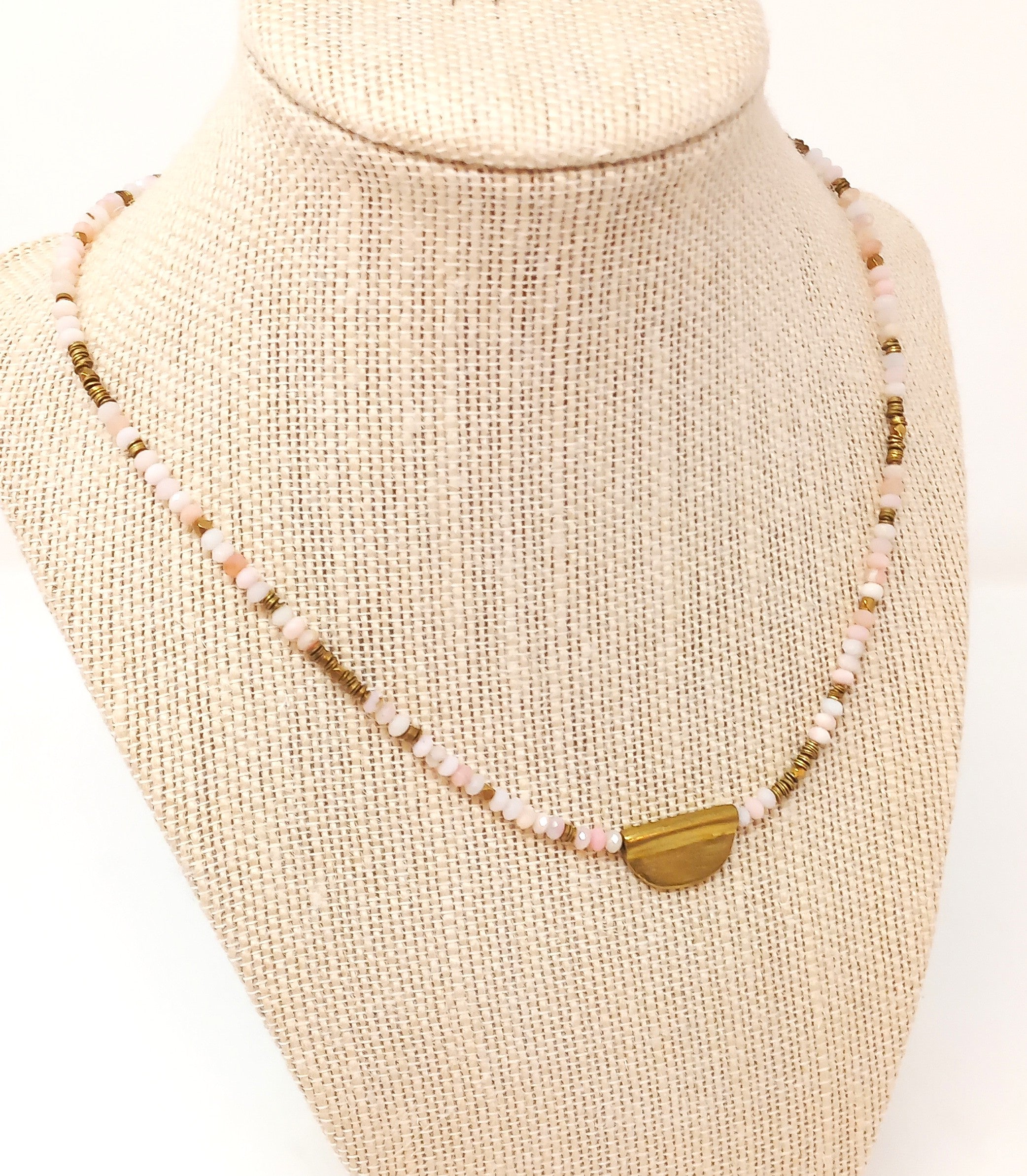 N226 Faceted Pink Opal & Brass Half Moon Pendant Necklace