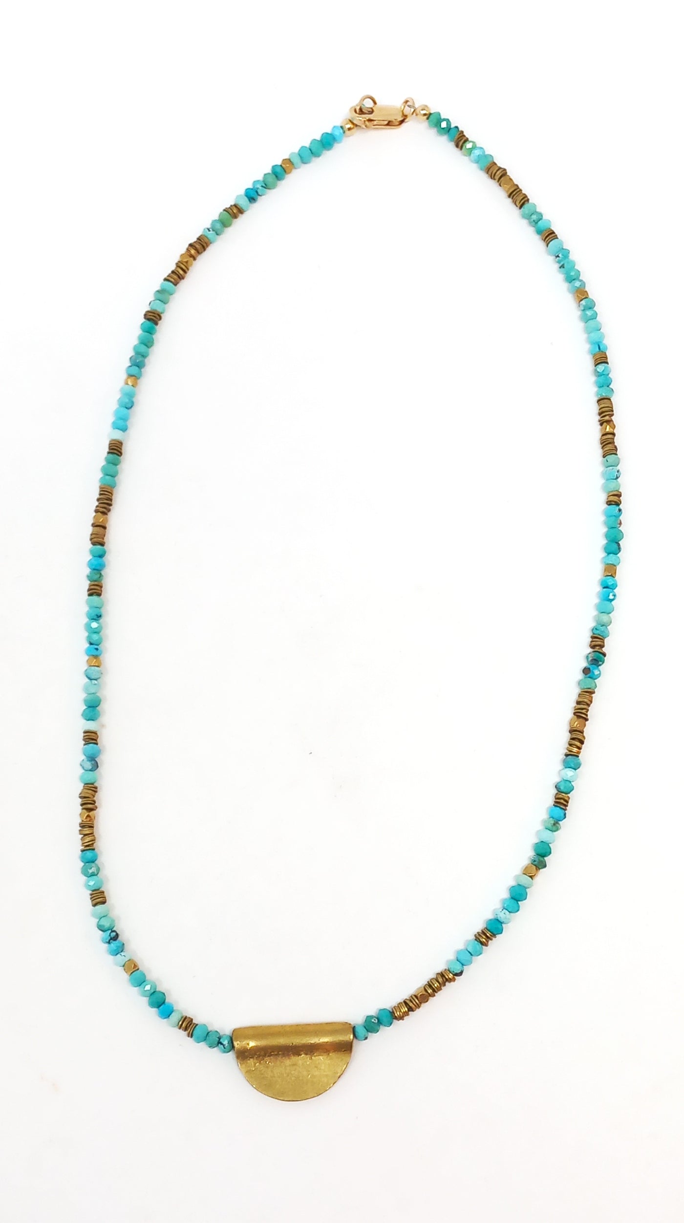N227 Faceted Turquoise & Brass Half Moon Pendant Necklace