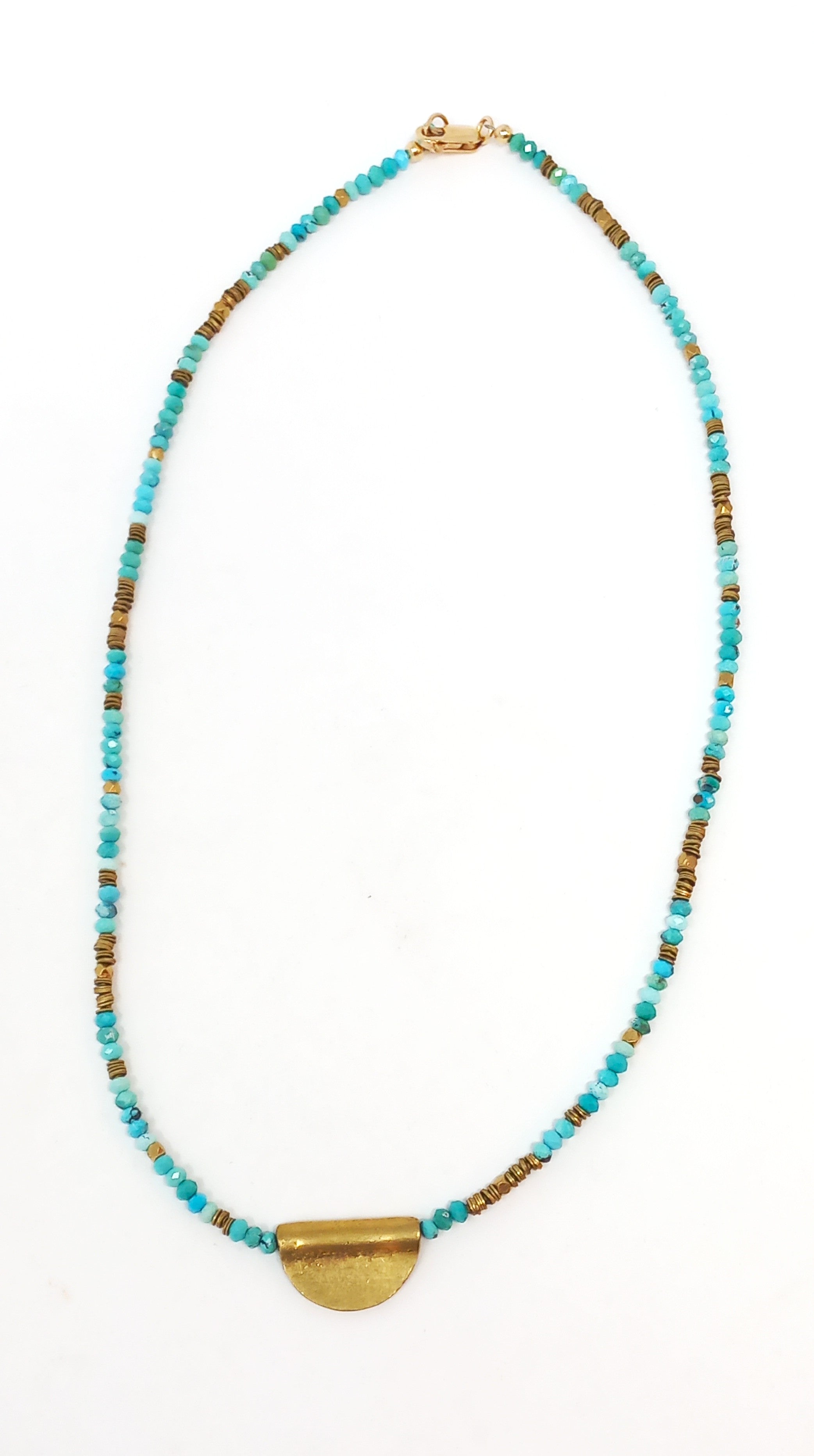 N227 Faceted Turquoise & Brass Half Moon Pendant Necklace
