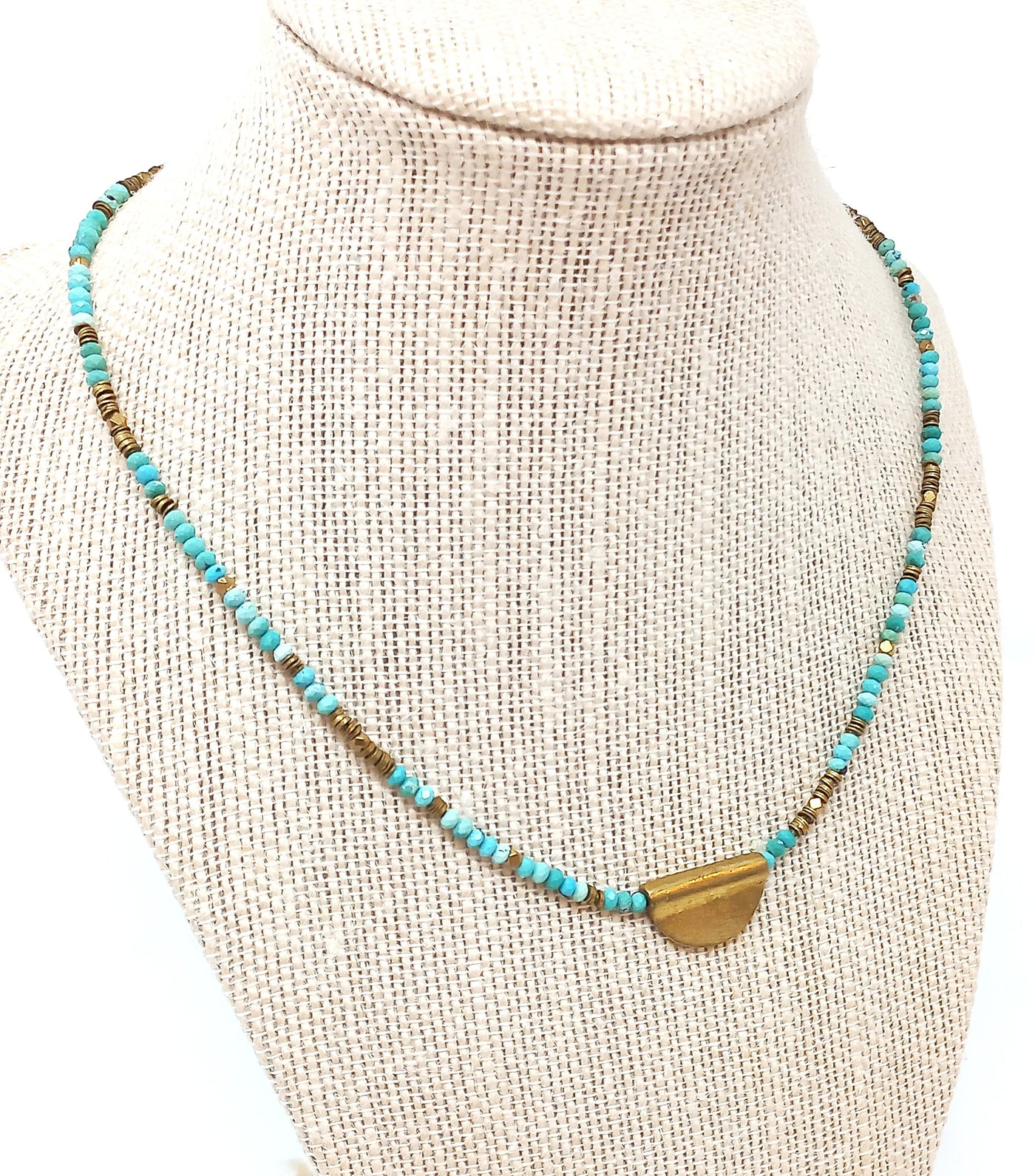 N227 Faceted Turquoise & Brass Half Moon Pendant Necklace