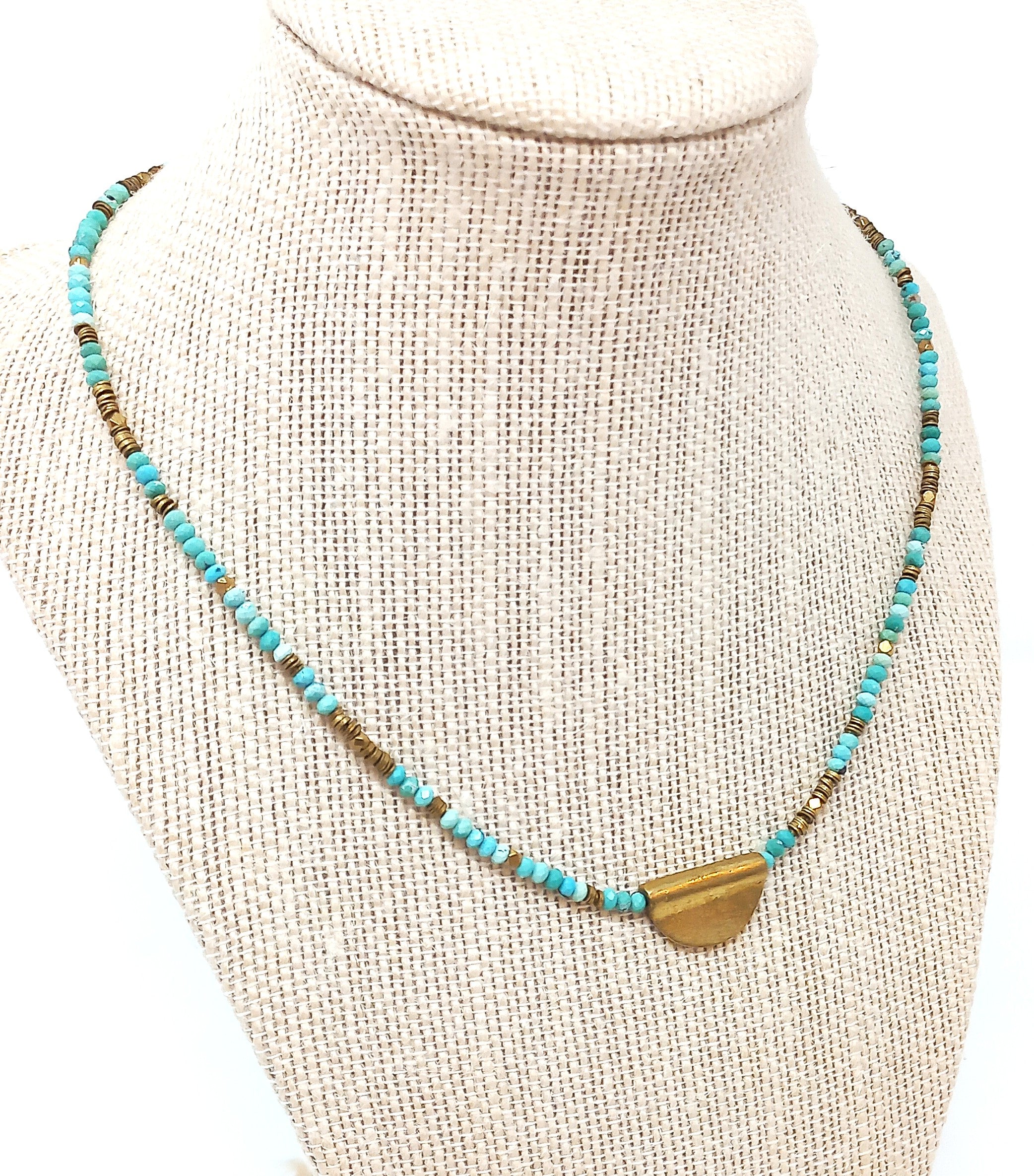 N227 Faceted Turquoise & Brass Half Moon Pendant Necklace