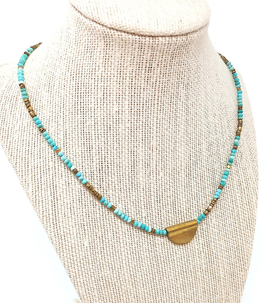 N227 Faceted Turquoise & Brass Half Moon Pendant Necklace