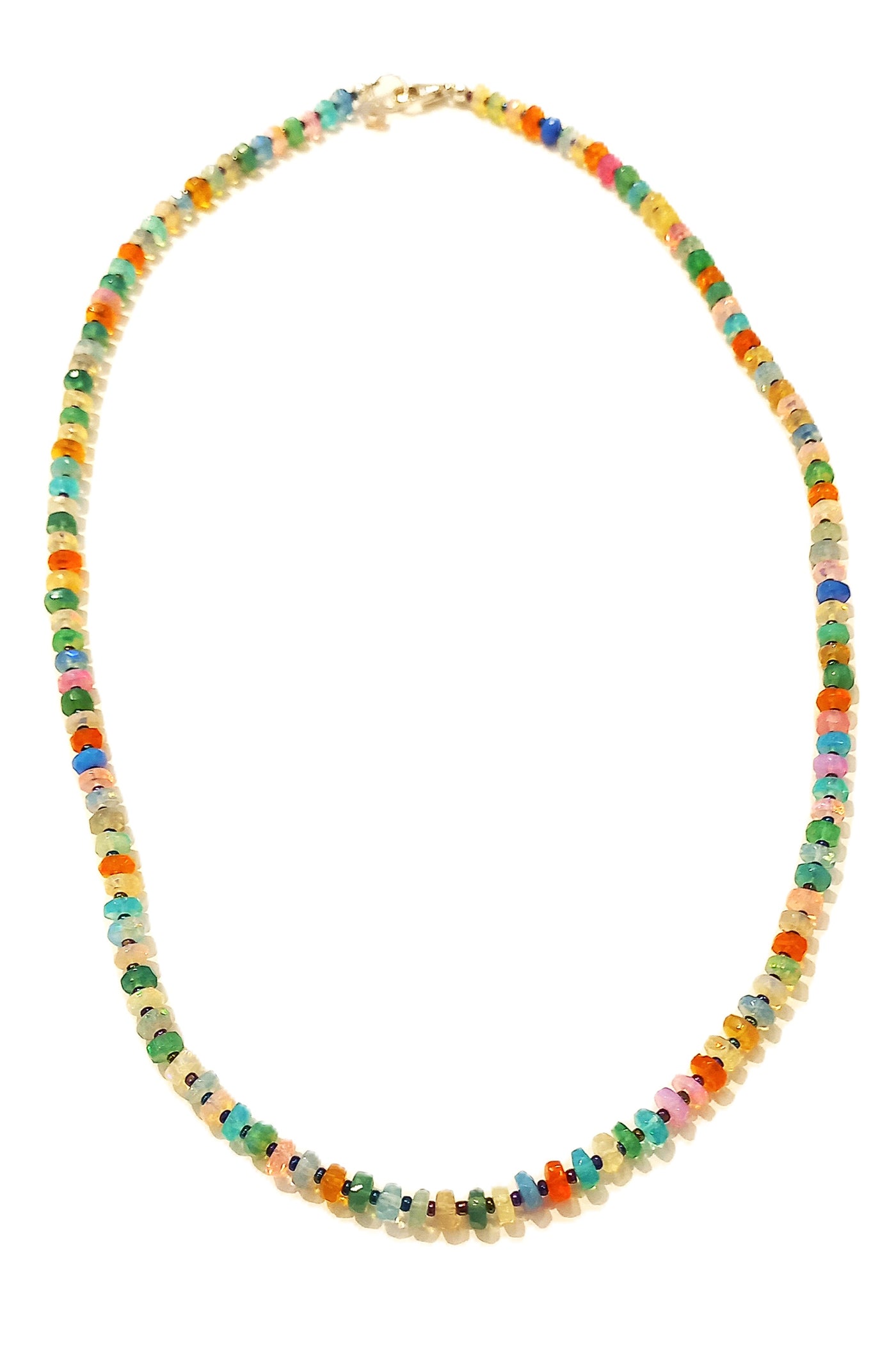 N234 Small Faceted Disco Opals & Blue Seed Beads Necklace