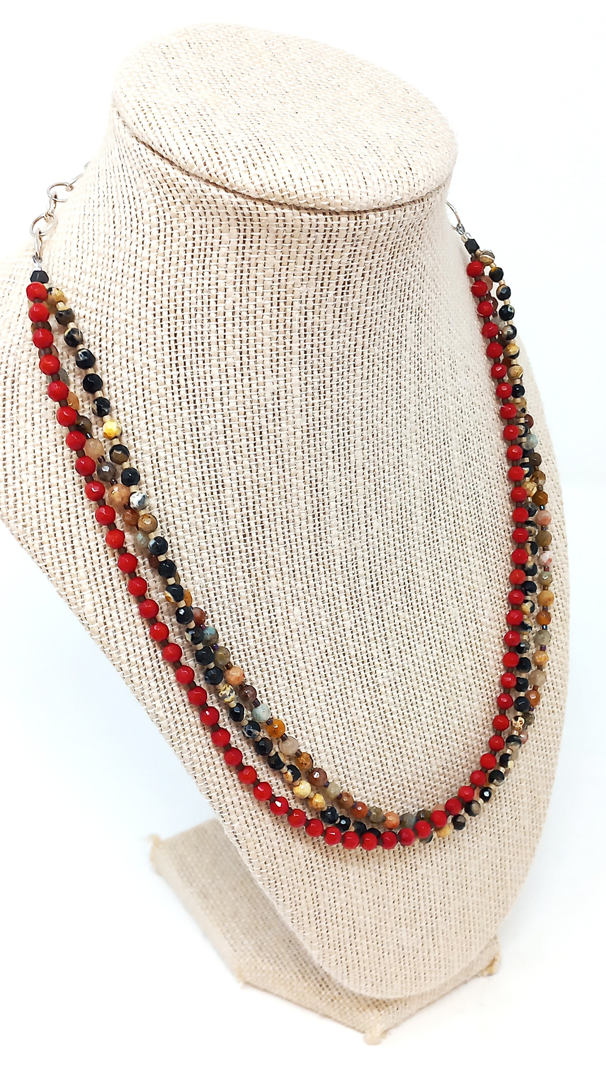 N236 Red Multistrand Faceted Stone Necklace