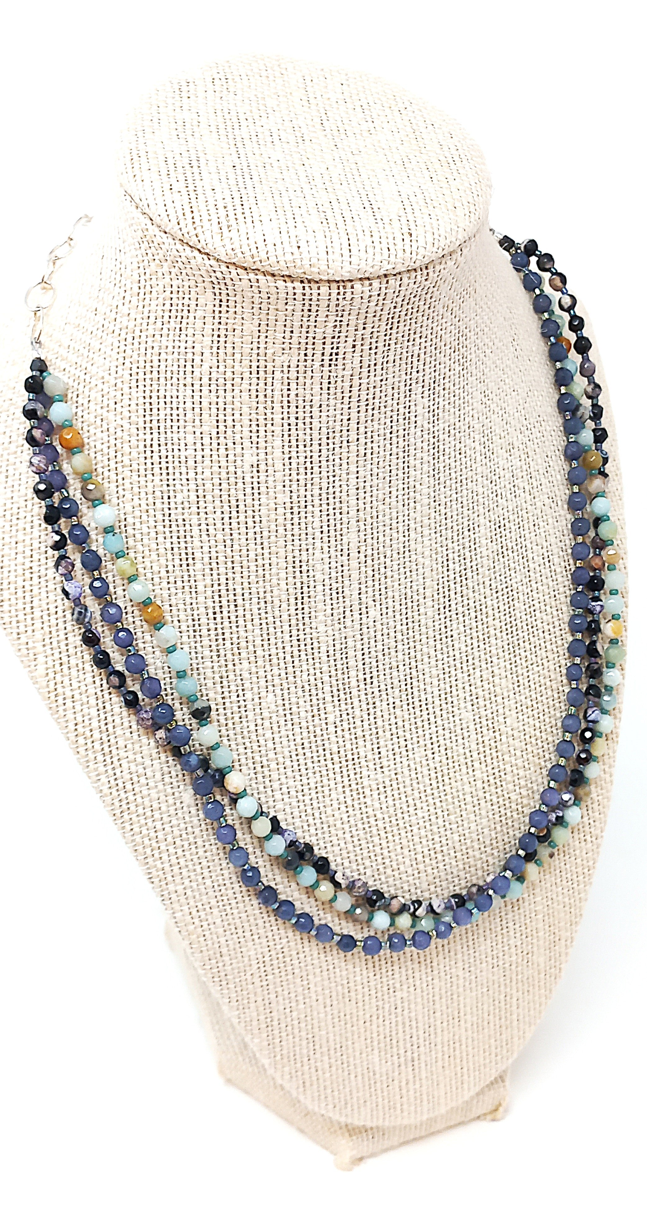 N238 Blue Multistrand Faceted Stone Necklace