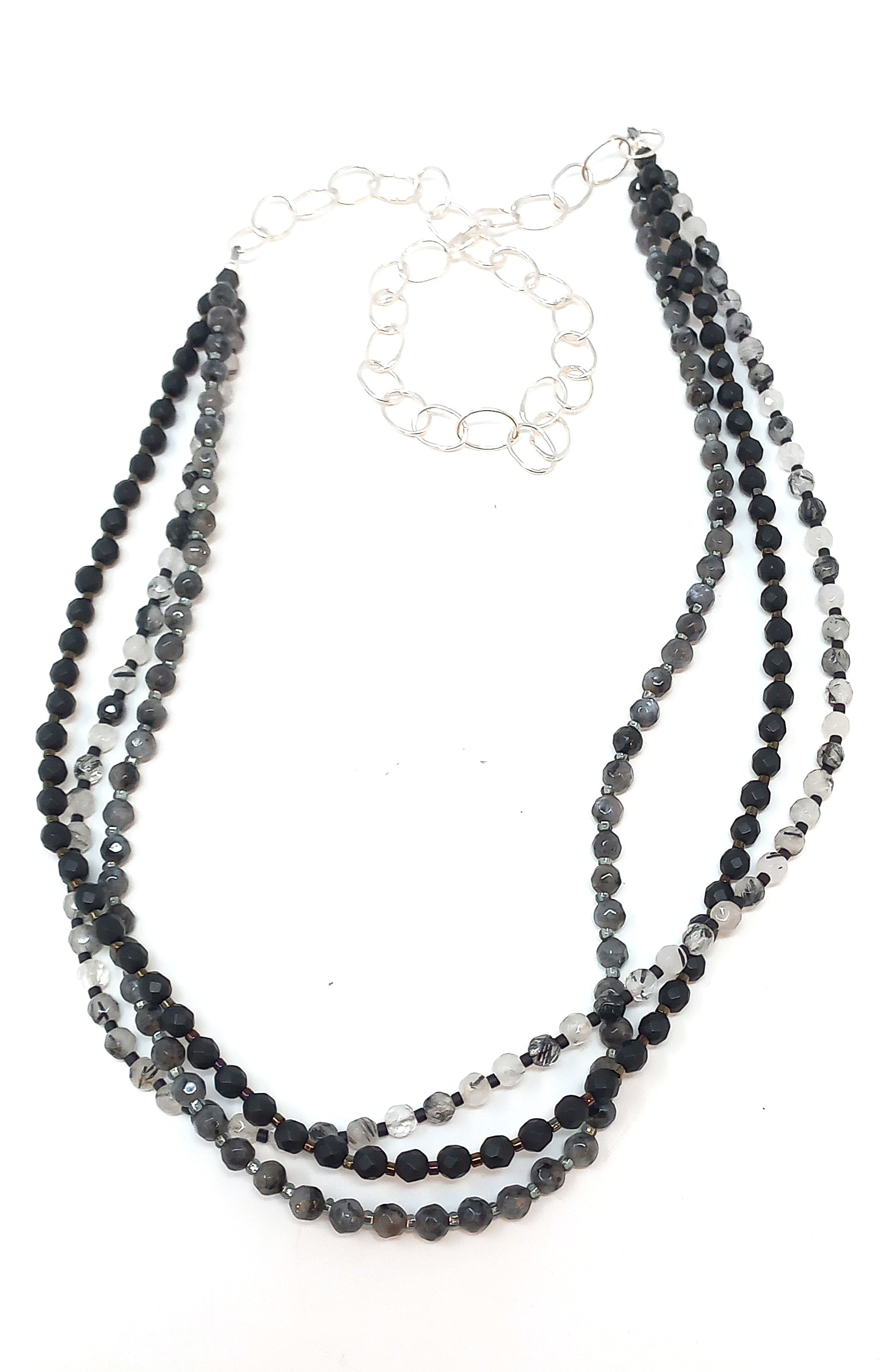 N239 Black Multistrand Faceted Stone Necklace