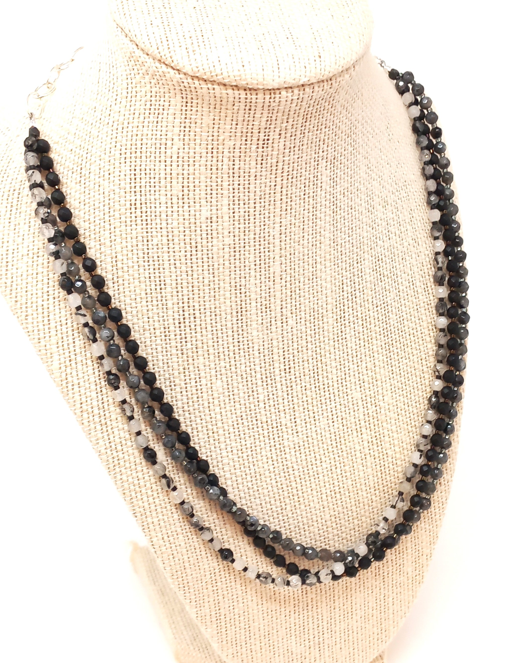 N239 Black Multistrand Faceted Stone Necklace