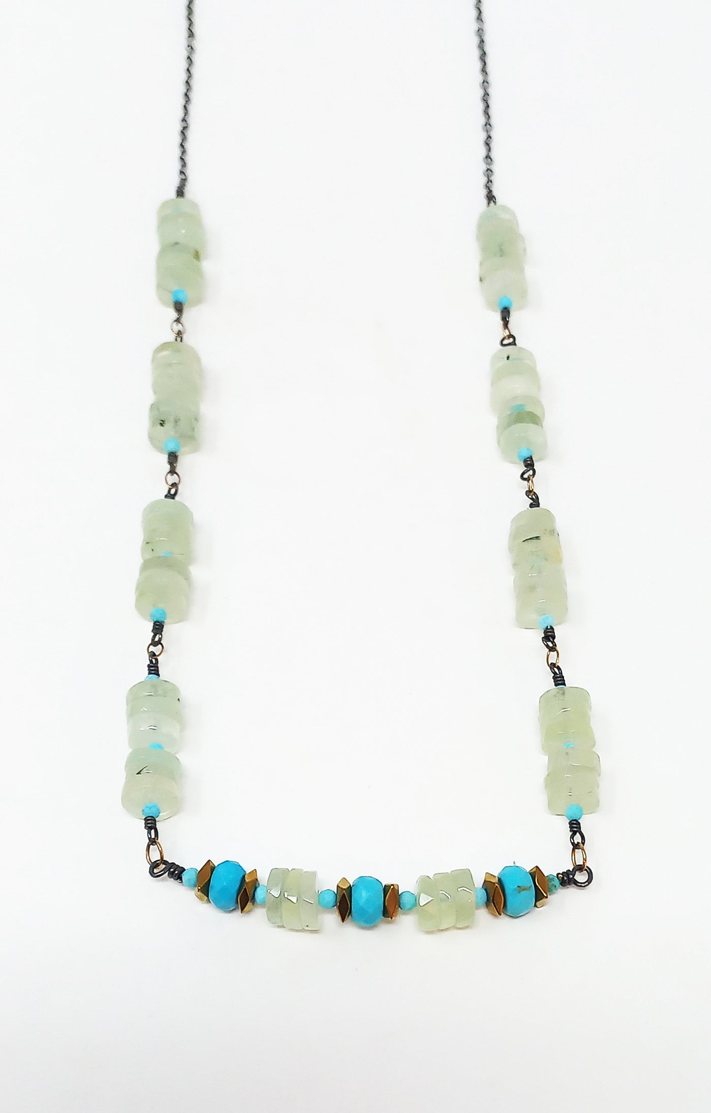 N582 Green Prehnite and Turquoise Stacks Necklace