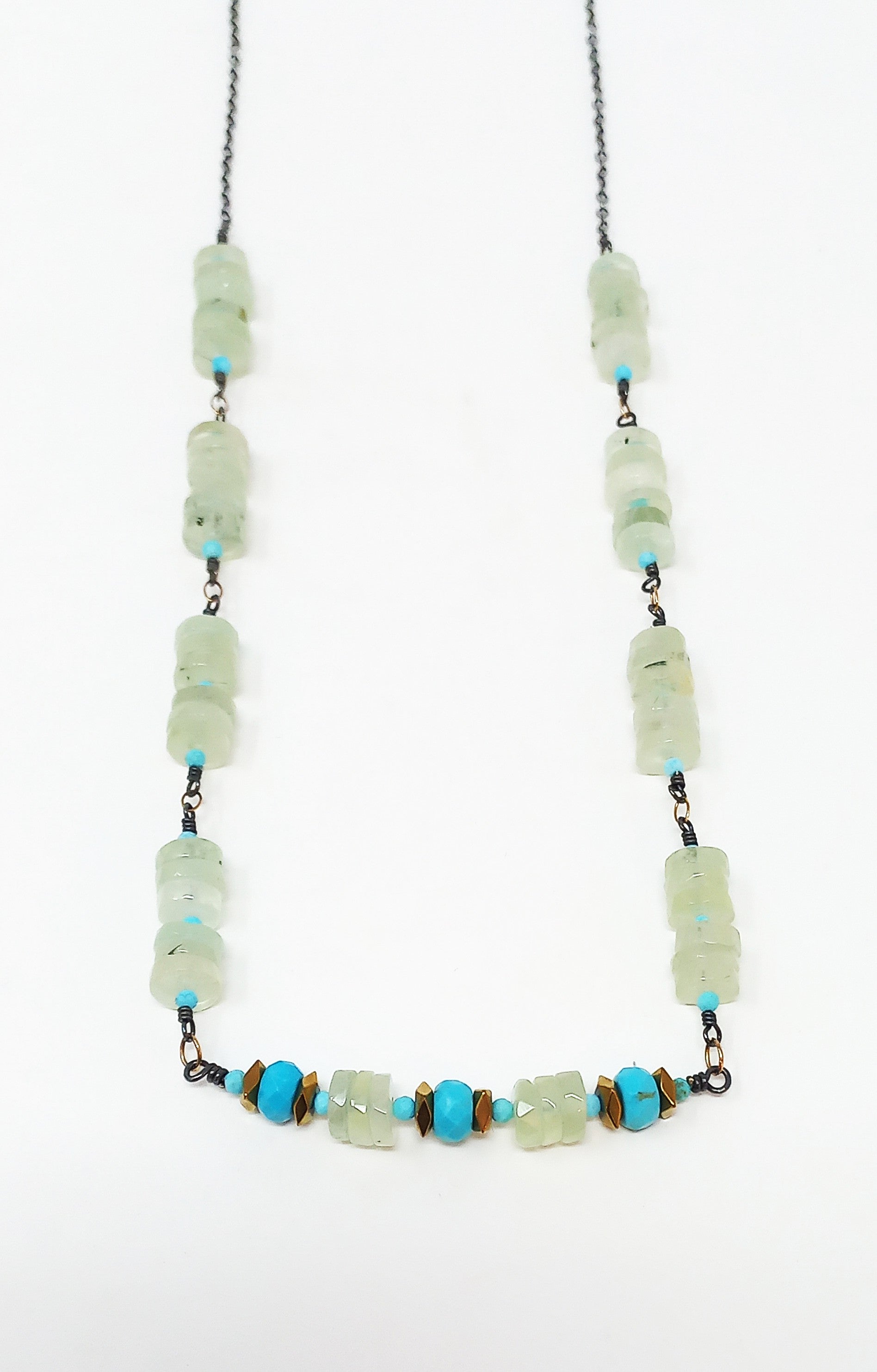 N582 Green Prehnite and Turquoise Stacks Necklace