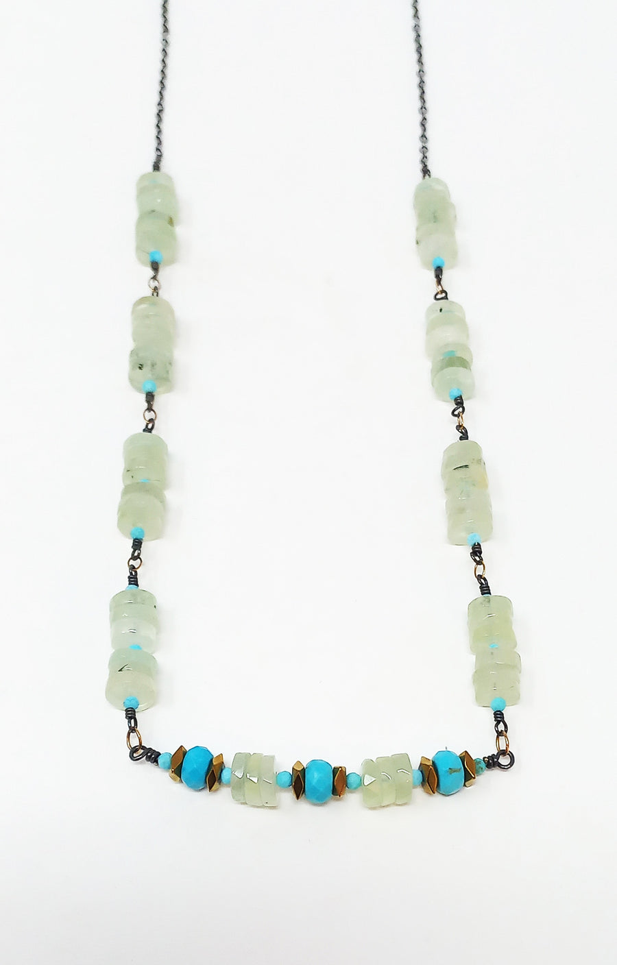 N582 Green Prehnite and Turquoise Stacks Necklace