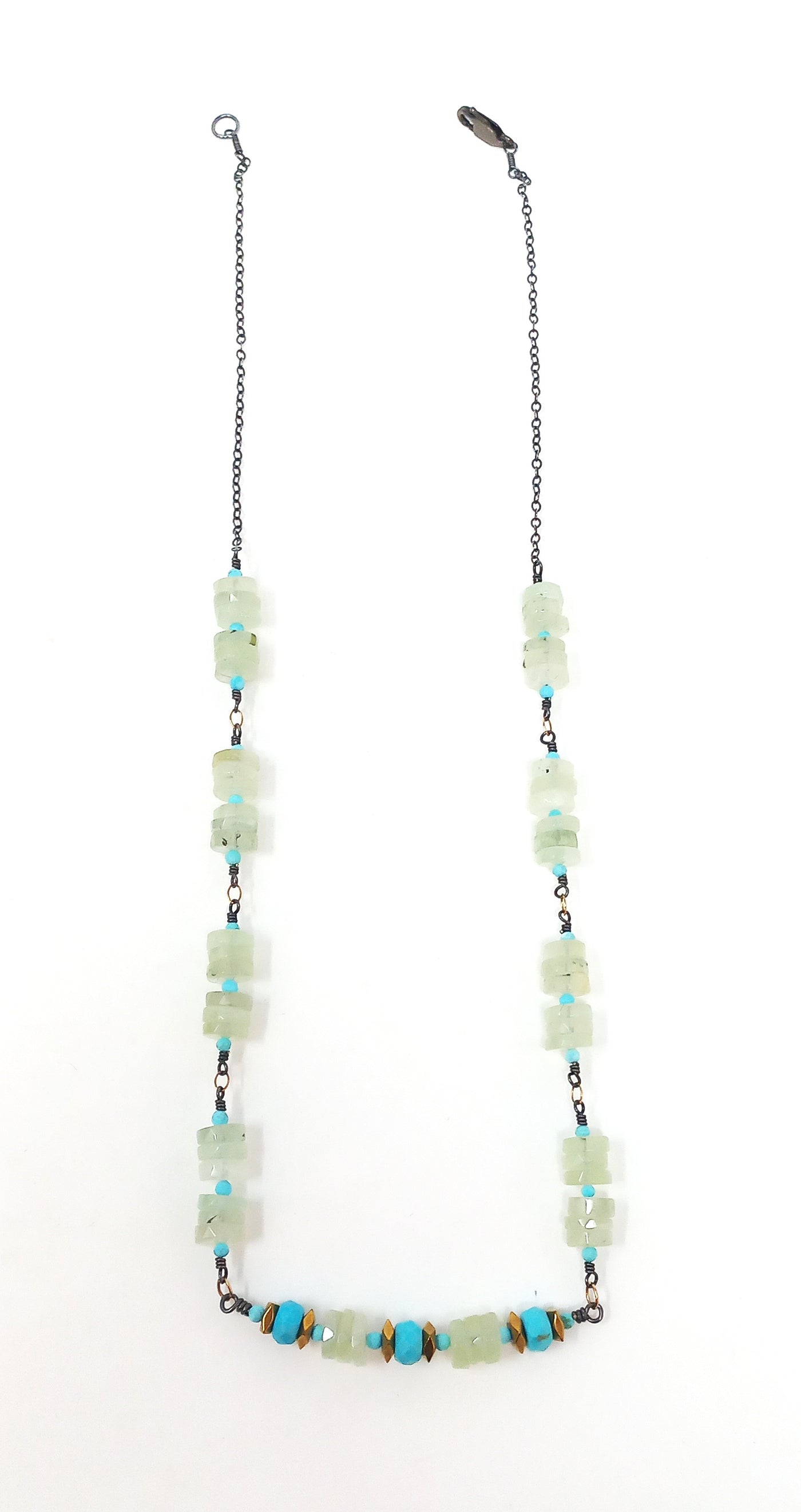 N582 Green Prehnite and Turquoise Stacks Necklace
