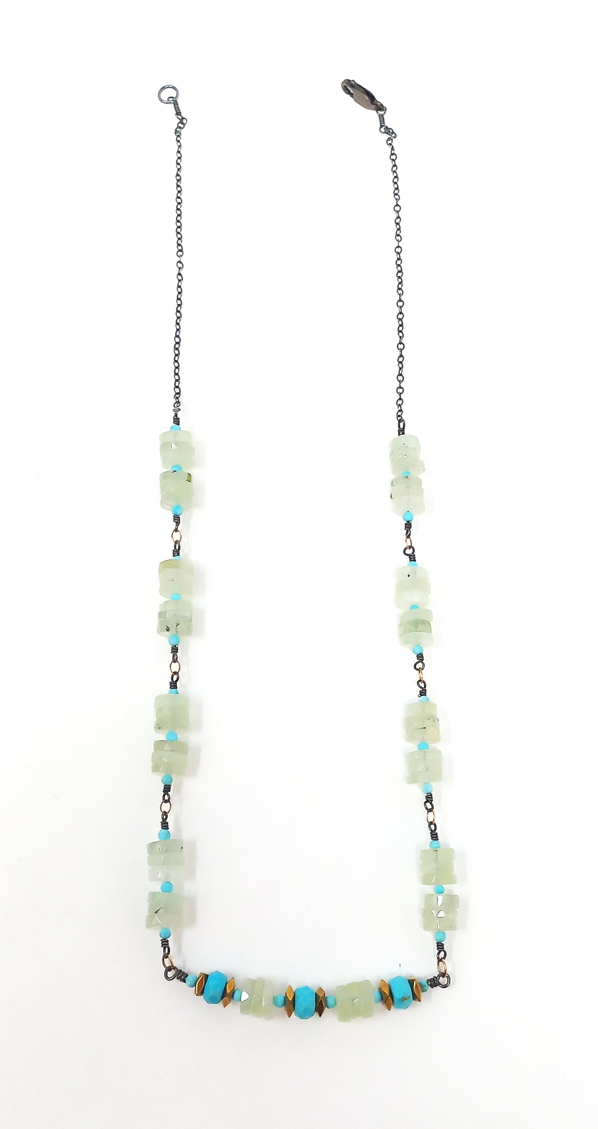 N582 Green Prehnite and Turquoise Stacks Necklace