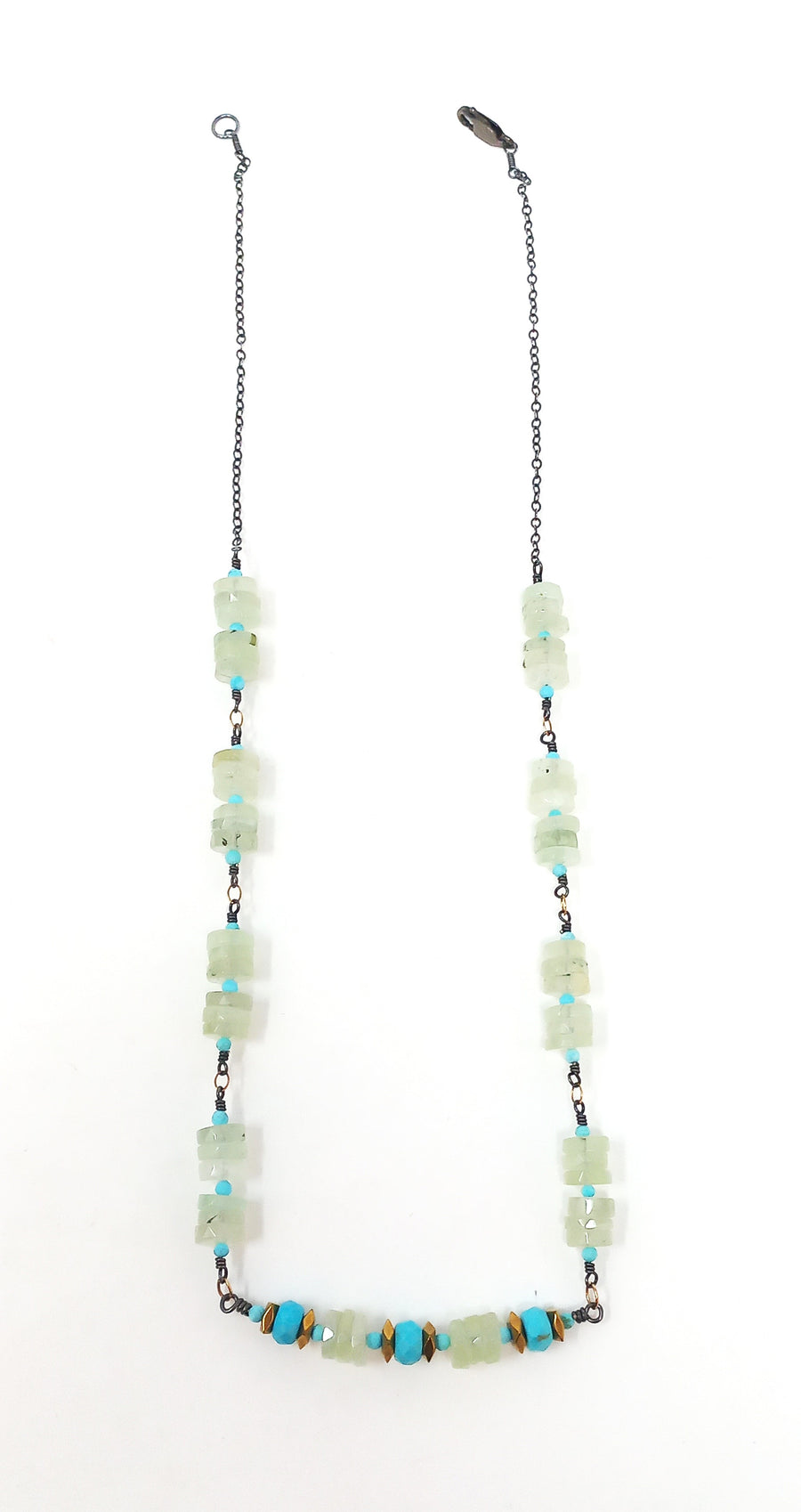 N582 Green Prehnite and Turquoise Stacks Necklace