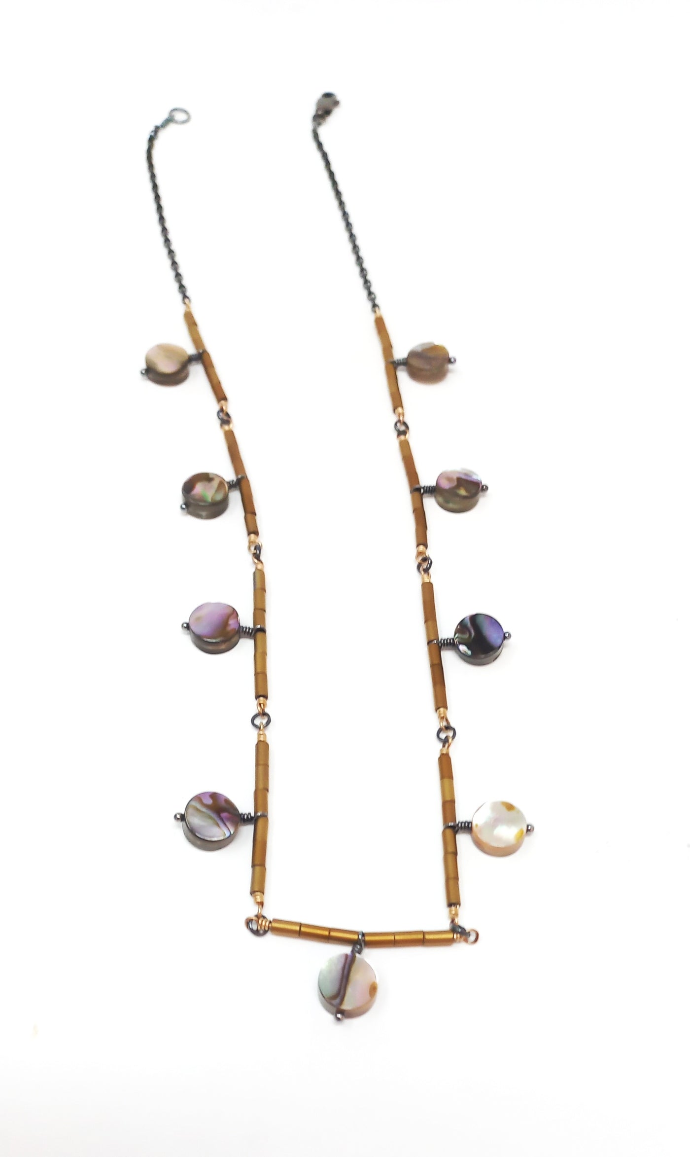 N590 Abalone and Gold Hematite Tubes Necklace
