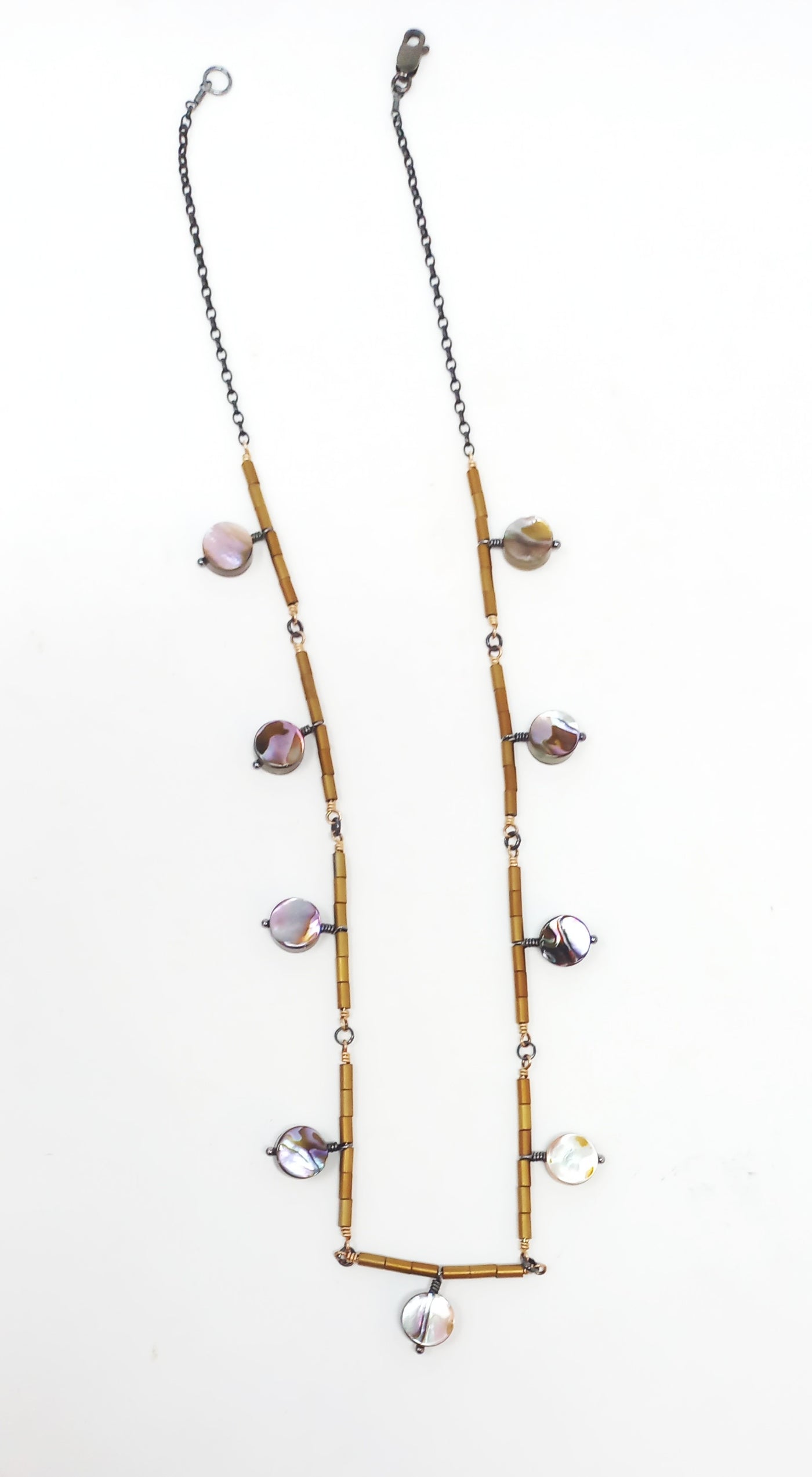 N590 Abalone and Gold Hematite Tubes Necklace