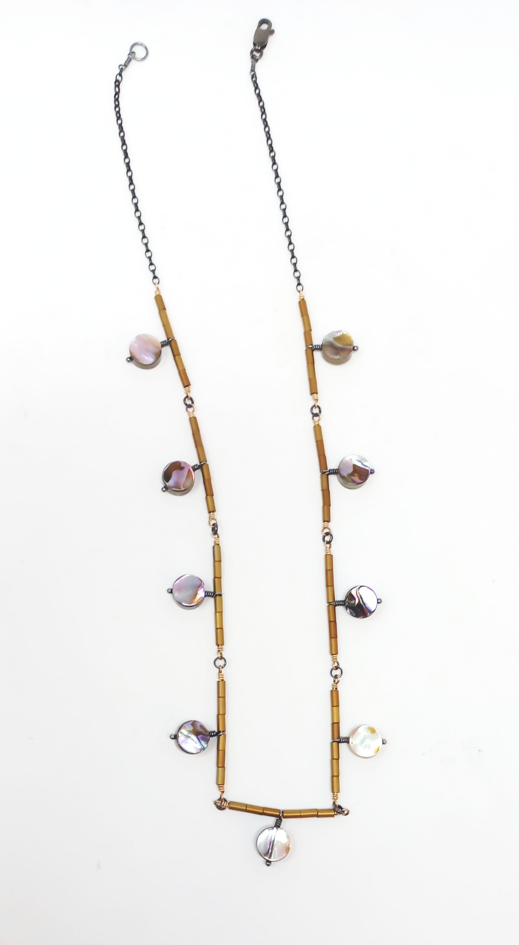 N590 Abalone and Gold Hematite Tubes Necklace