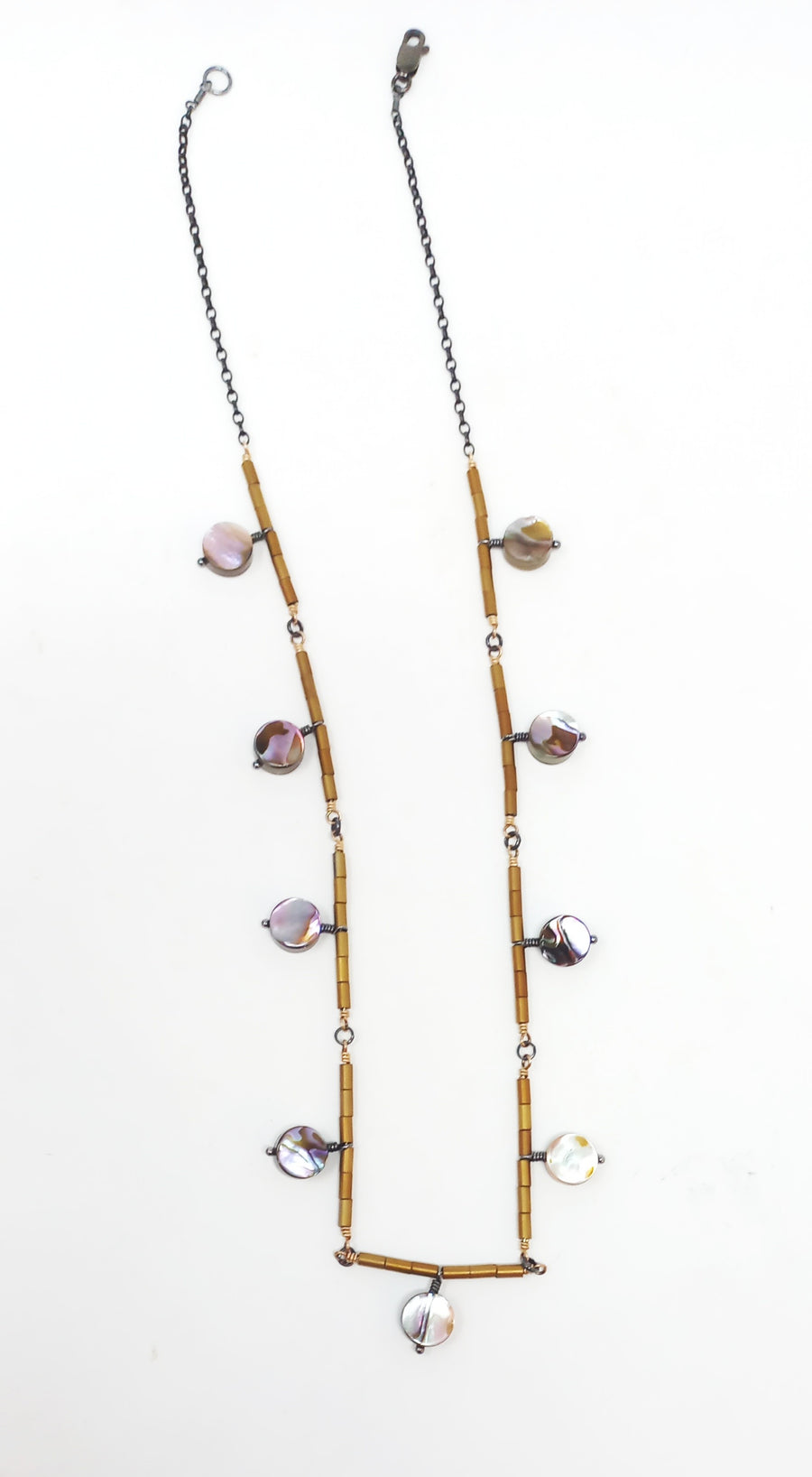N590 Abalone and Gold Hematite Tubes Necklace
