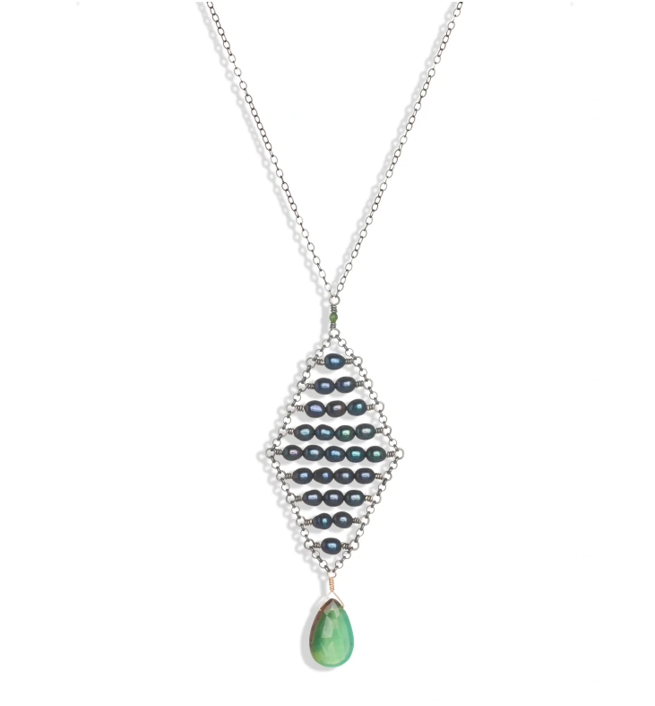 Hand Woven Gray Freshwater With Chrysoprase Necklace