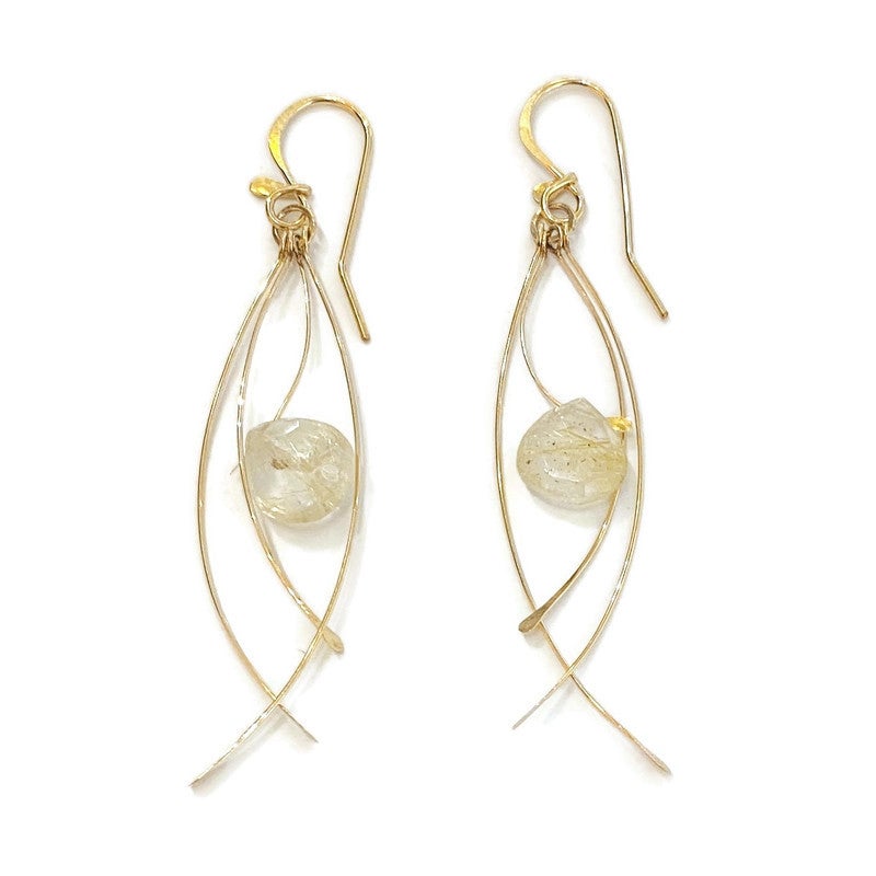 Tickle Earrings in Gold with Rutilated Quartz by Zuzko