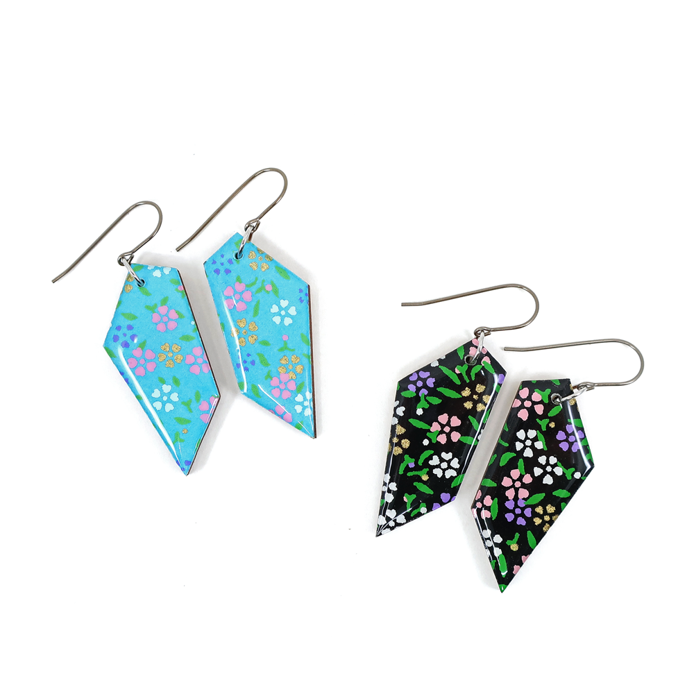 Floral Turquoise Blue Asymmetry Pentagon Japanese Paper Earrings