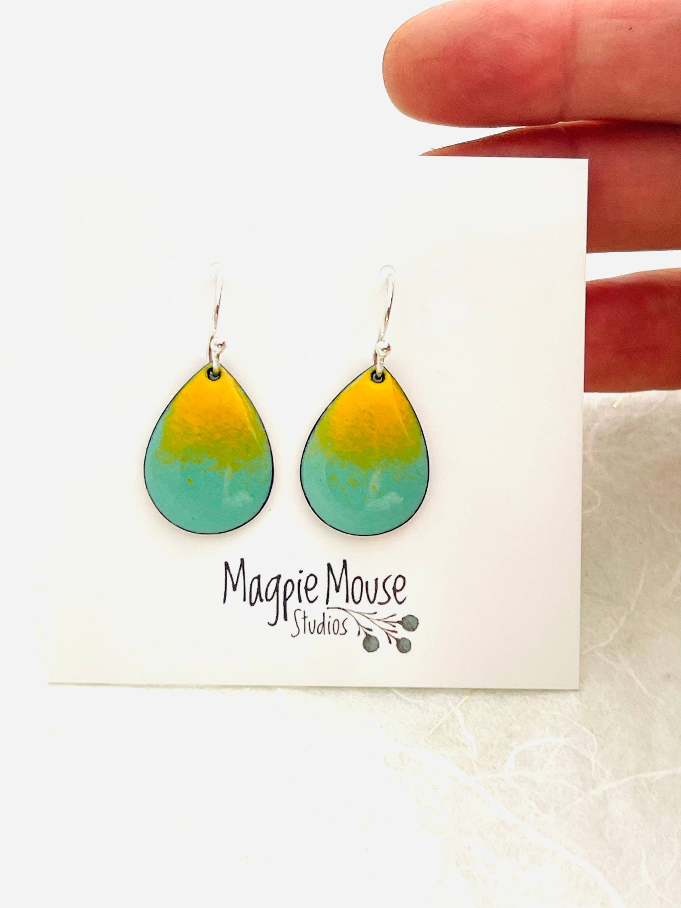 Mint Green & Yellow Small Enamel Teardrop Earrings