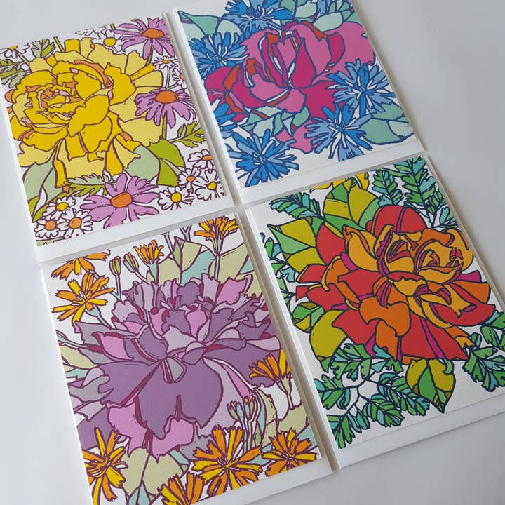 Assorted Botanical Rose Blank Note Card Set of 8 / Art Cards