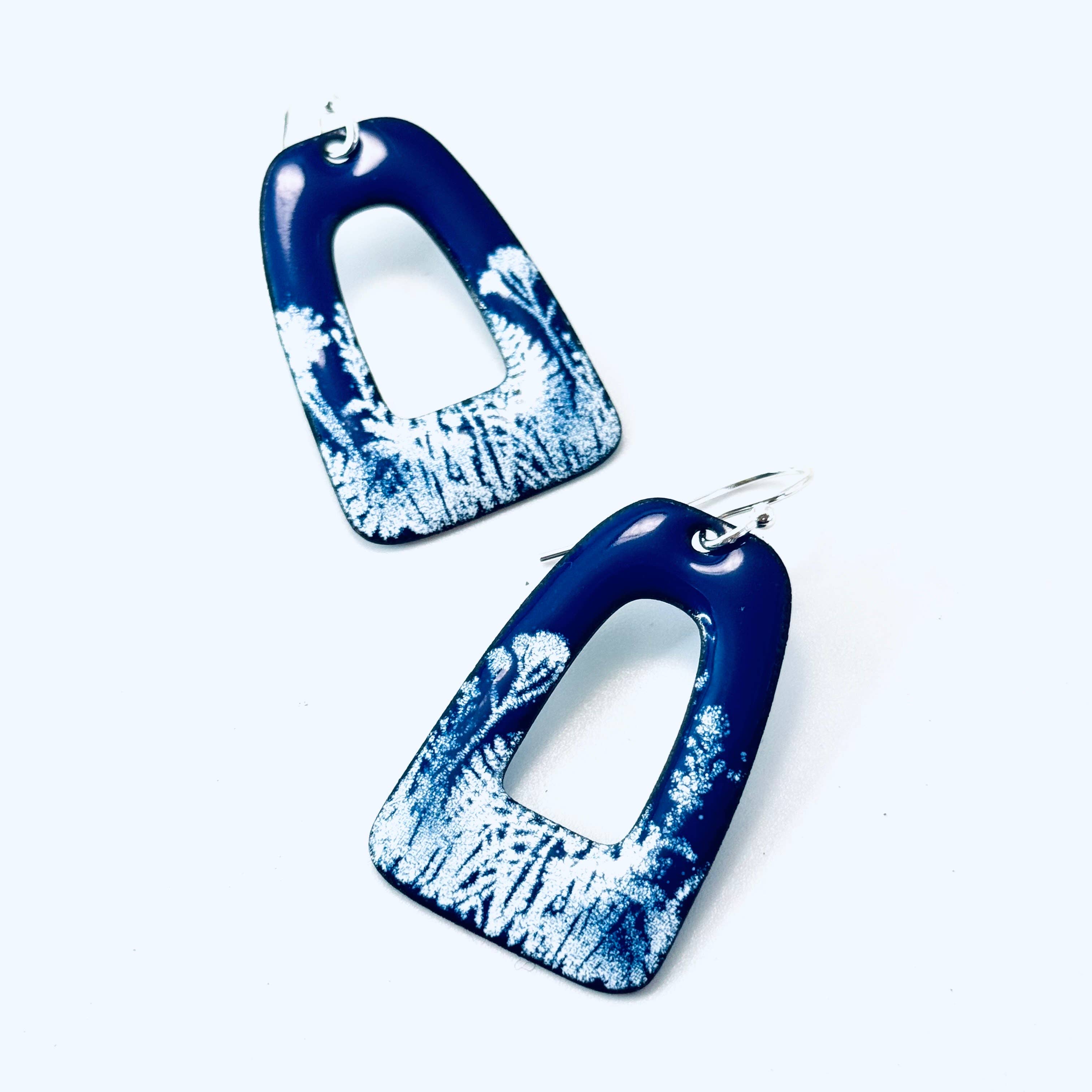 Retro Rectangle Earrings, Botanical Blue and White Enamel