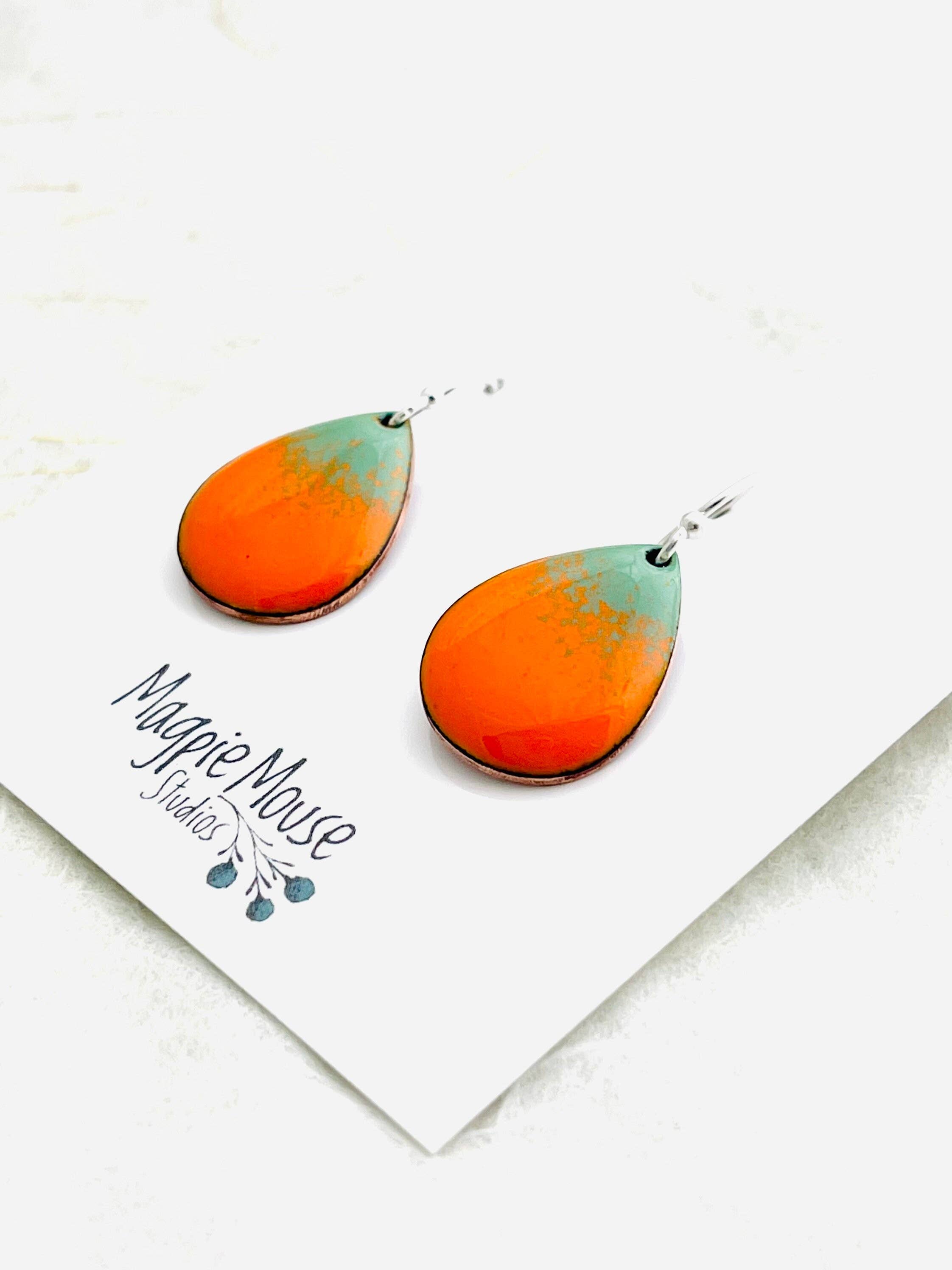 Small Teardrop Pumpkin Earrings, Pumpkin Orange Enamel