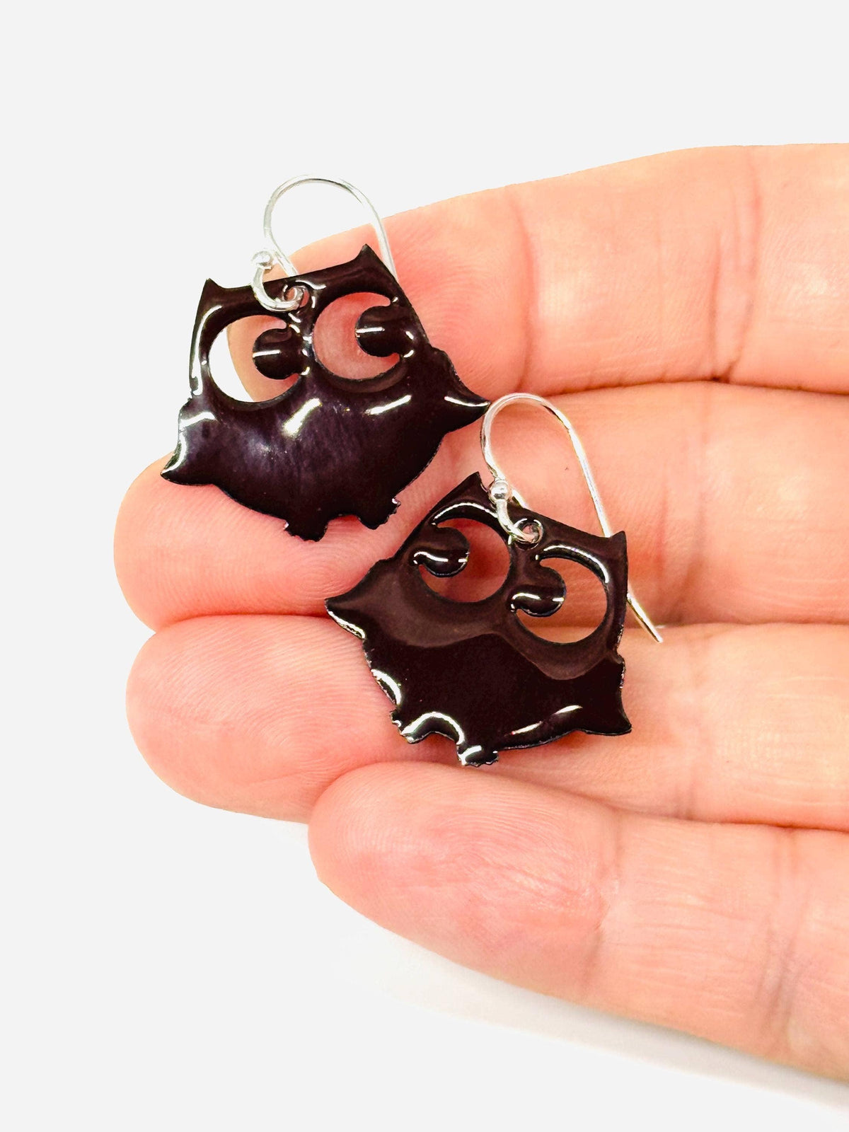Mocha Brown Enamel Owl Earrings, Sterling Silver E