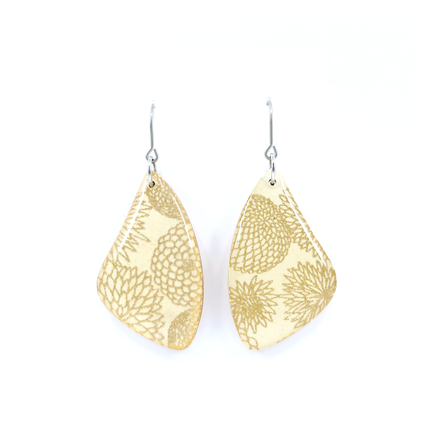 Cream White and Gold Modern Floral Chiyogami Earrings