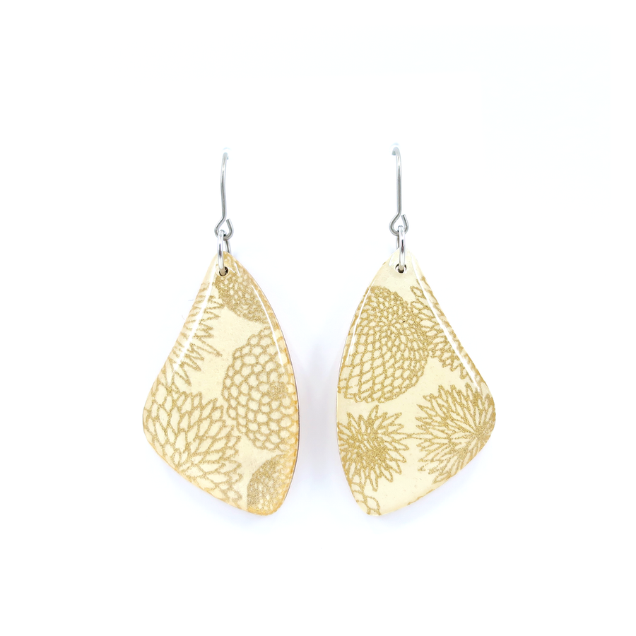 Cream White and Gold Modern Floral Chiyogami Earrings
